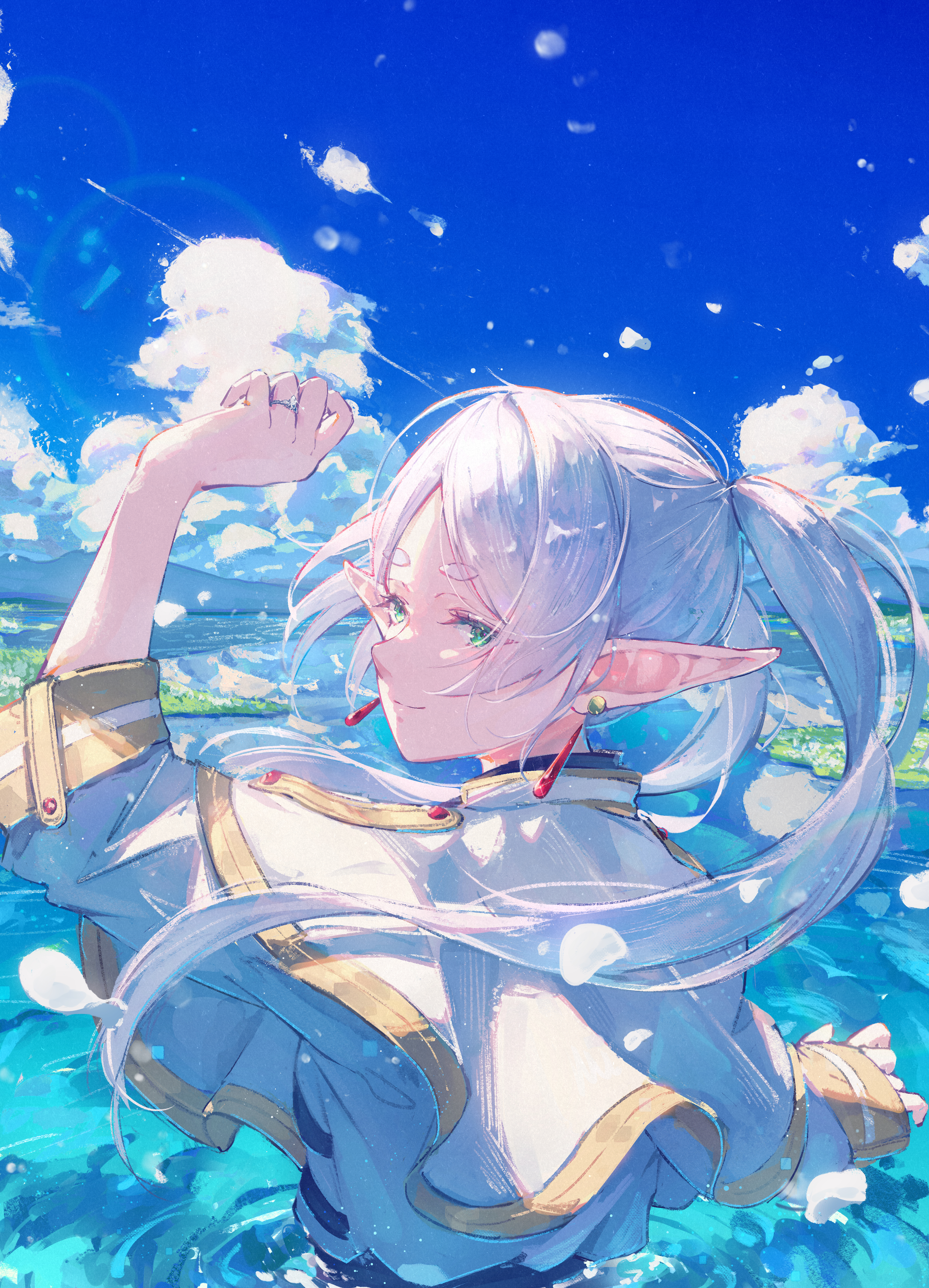 Anime 2784x3860 Sousou No Frieren Frieren portrait display anime girls in water looking at viewer looking back one arm up pointy ears long sleeves women outdoors water standing in water clouds white hair green eyes Fuunyon petals elves smiling