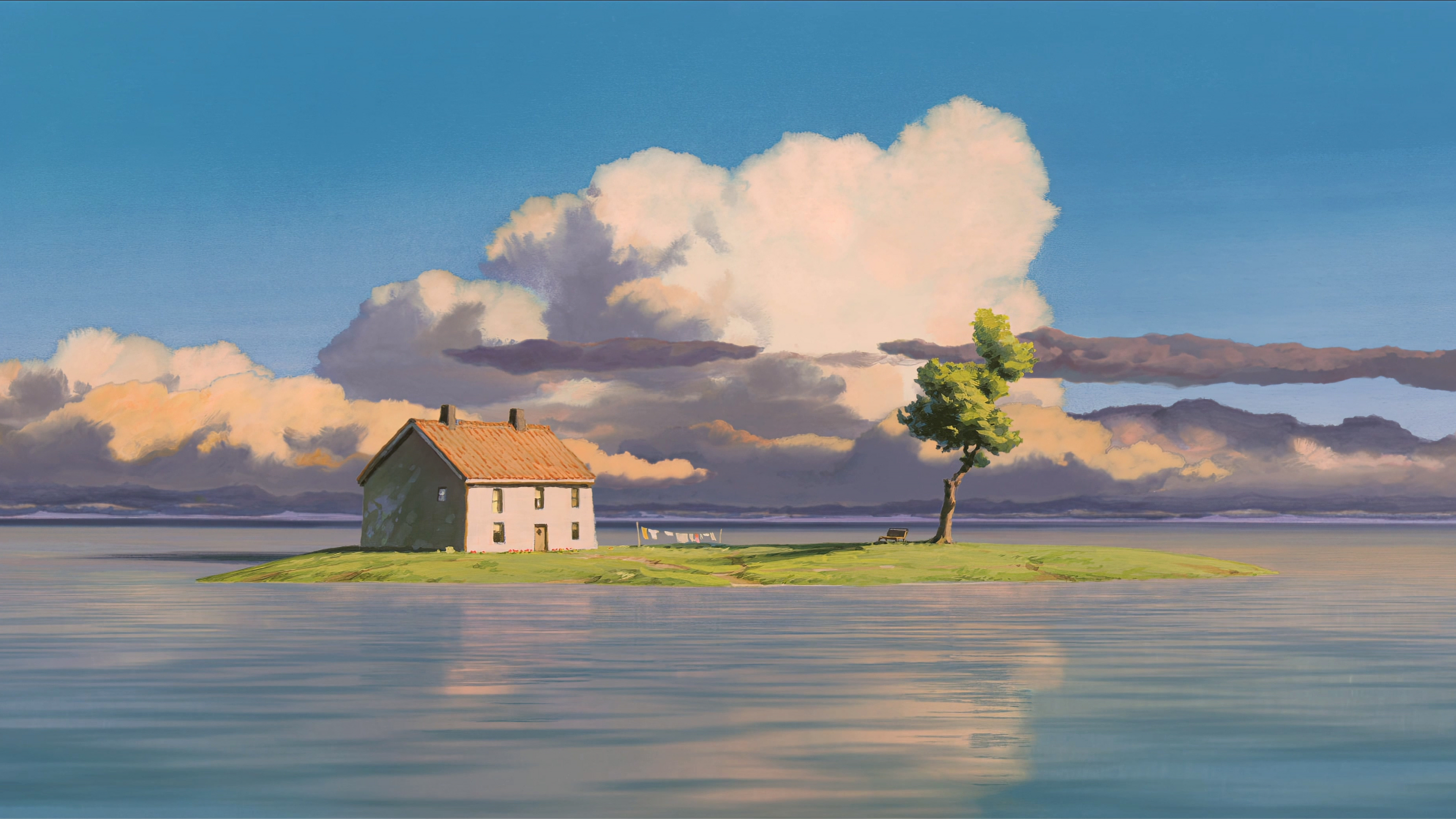 Anime 3840x2160 Spirited Away landscape Studio Ghibli anime clouds water house island reflection 4K trees sunlight sky