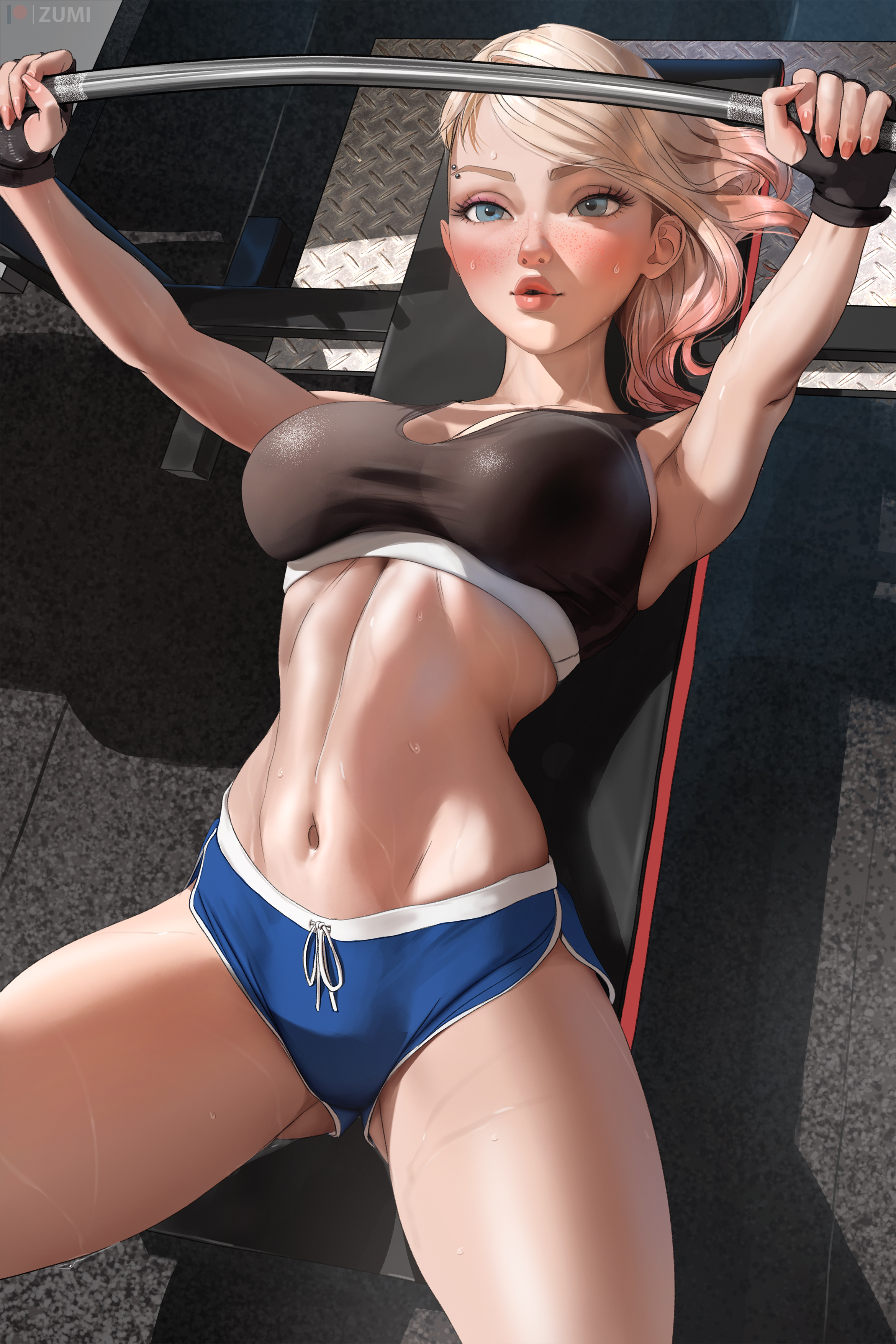 General 2339x3508 Gwen Stacy marvel character gyms sportswear artwork drawing fan art digital art Zumi portrait display freckles fingerless gloves gloves lying down lying on back parted lips short hair gradient hair two tone hair dolphin shorts skinny spread legs tank top piercing blue eyes gym equipment thighs looking at viewer exercise women