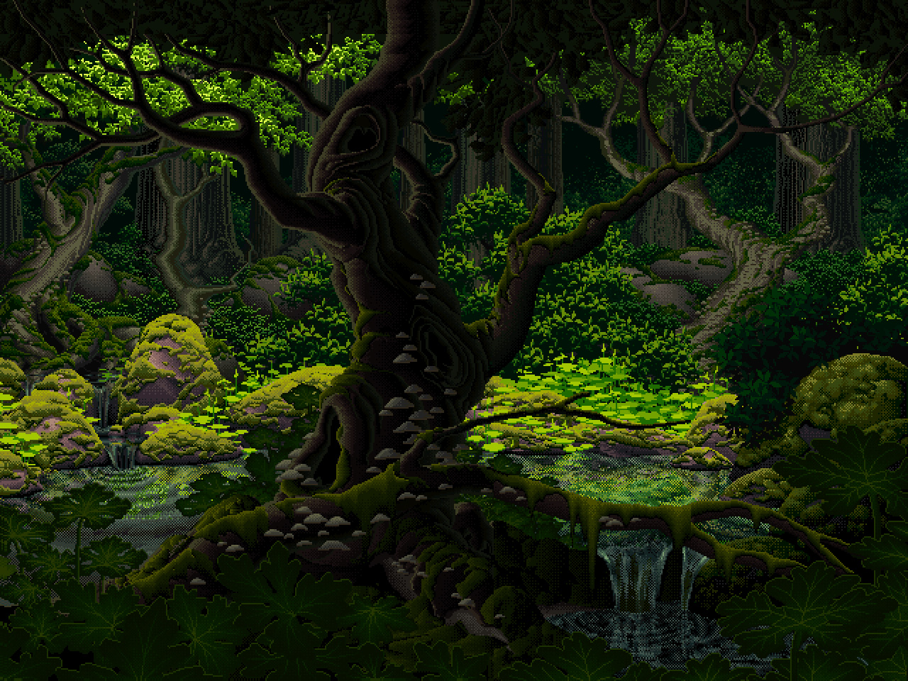 General 1280x960 pixel art water moss nature forest sunlight shade plants rainforest Mark Ferrari digital art