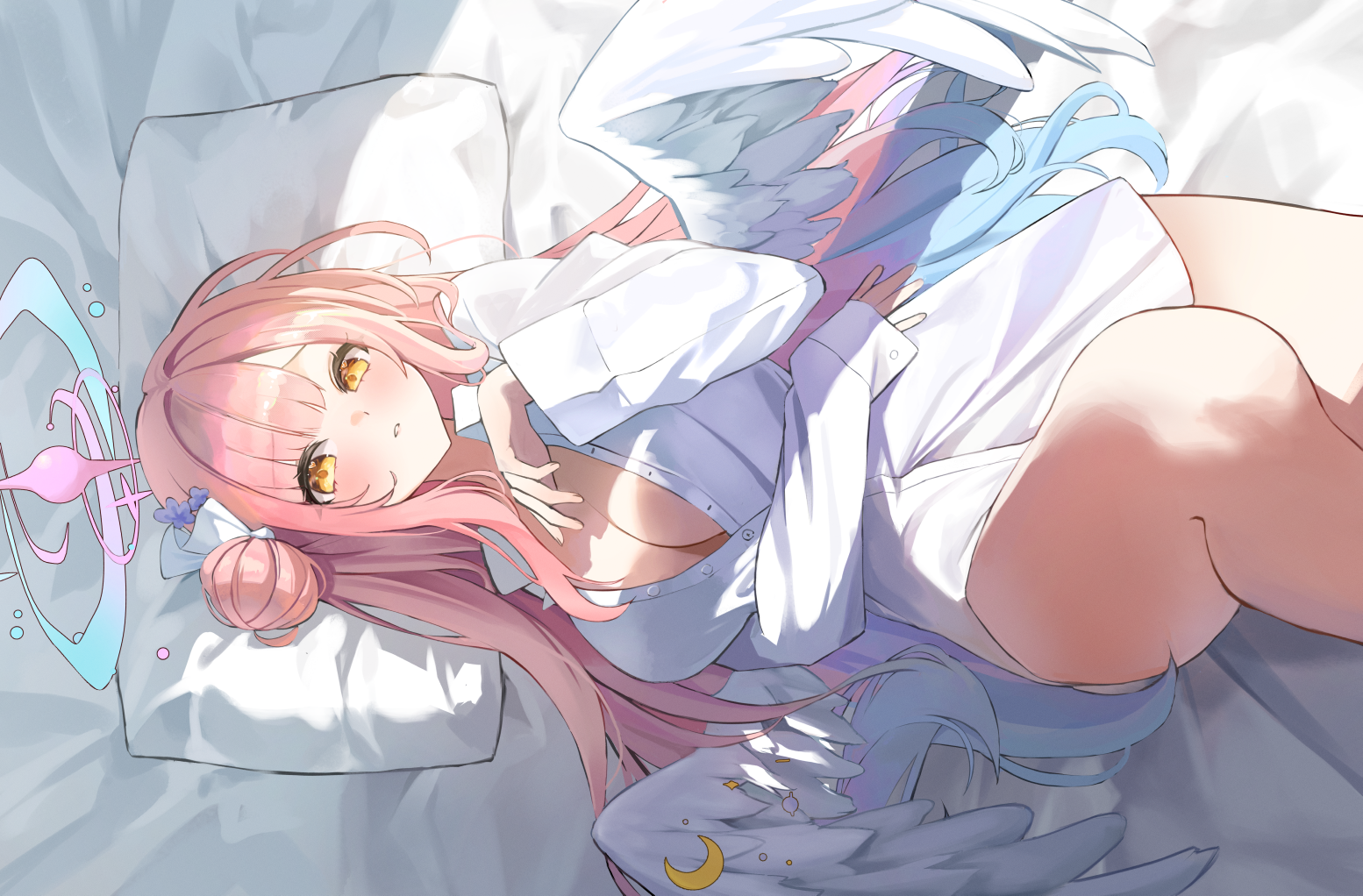 Anime 1554x1022 Blue Archive lying on back Misono Mika big boobs cleavage looking at viewer top view white shirt unbuttoned blushing parted lips angel wings Chie yellow eyes pink hair sunlight open shirt thighs
