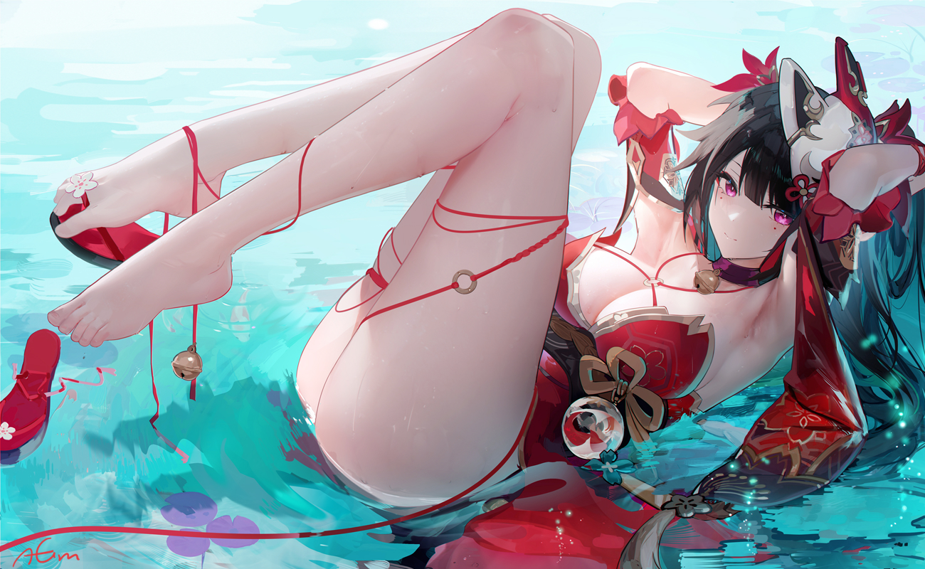 Anime 1300x800 Pixiv Omone Hokoma Agm Sparkle (Honkai: Star Rail) Honkai: Star Rail anime anime girls anime games lying down lying on back closed mouth smiling arm(s) behind head arms up shallow water pointed toes outdoors women outdoors barefoot water ass cleavage big boobs dark hair purple eyes fox mask long hair choker sunlight hair ornament signature flip flops toes bells looking at viewer ribbon bent legs