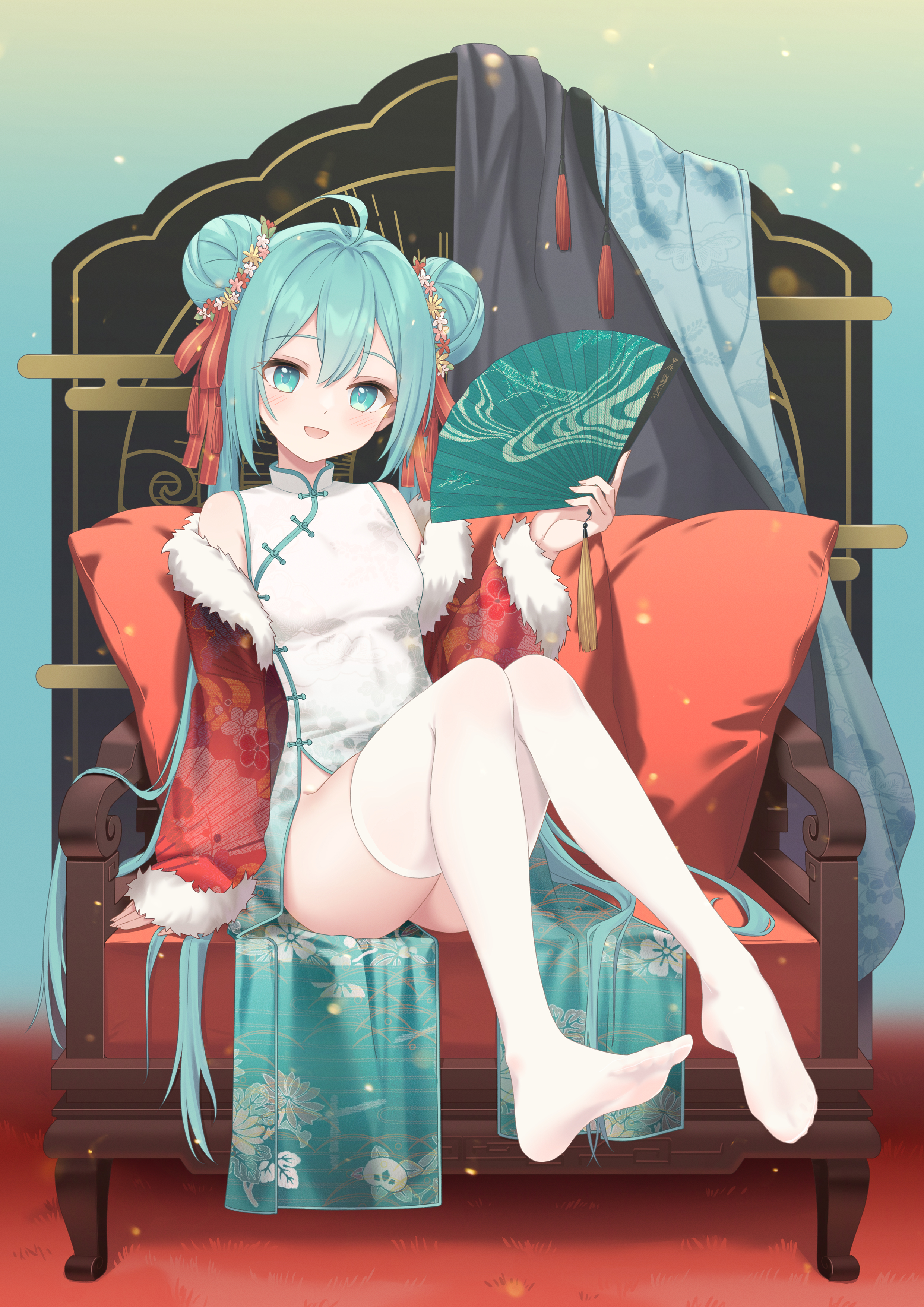 Anime 2480x3508 Hatsune Miku anime anime girls long hair hair between eyes sitting white thigh highs hand fan thigh-highs open mouth Mao Shi Shisan bent legs chinese clothing tassels bare shoulders off shoulder cyan hair blue eyes portrait display Vocaloid fur trim fur smiling skinny flower in hair hair ribbon ahoge hips thighs floral