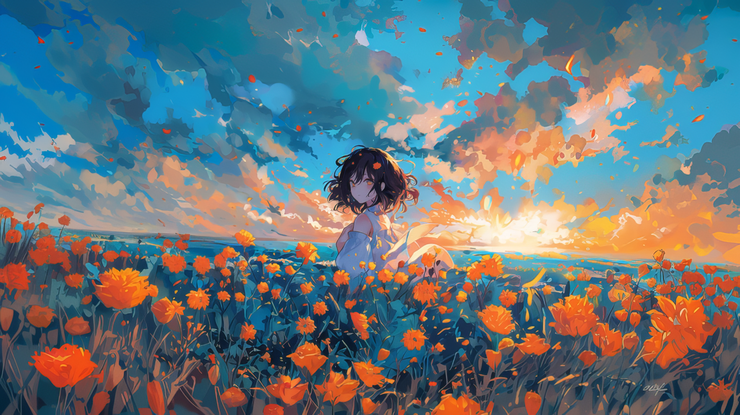 Anime 3024x1696 sunset glow flower garden Girlish Number sunset anime girls short hair dusk looking back AI art petals