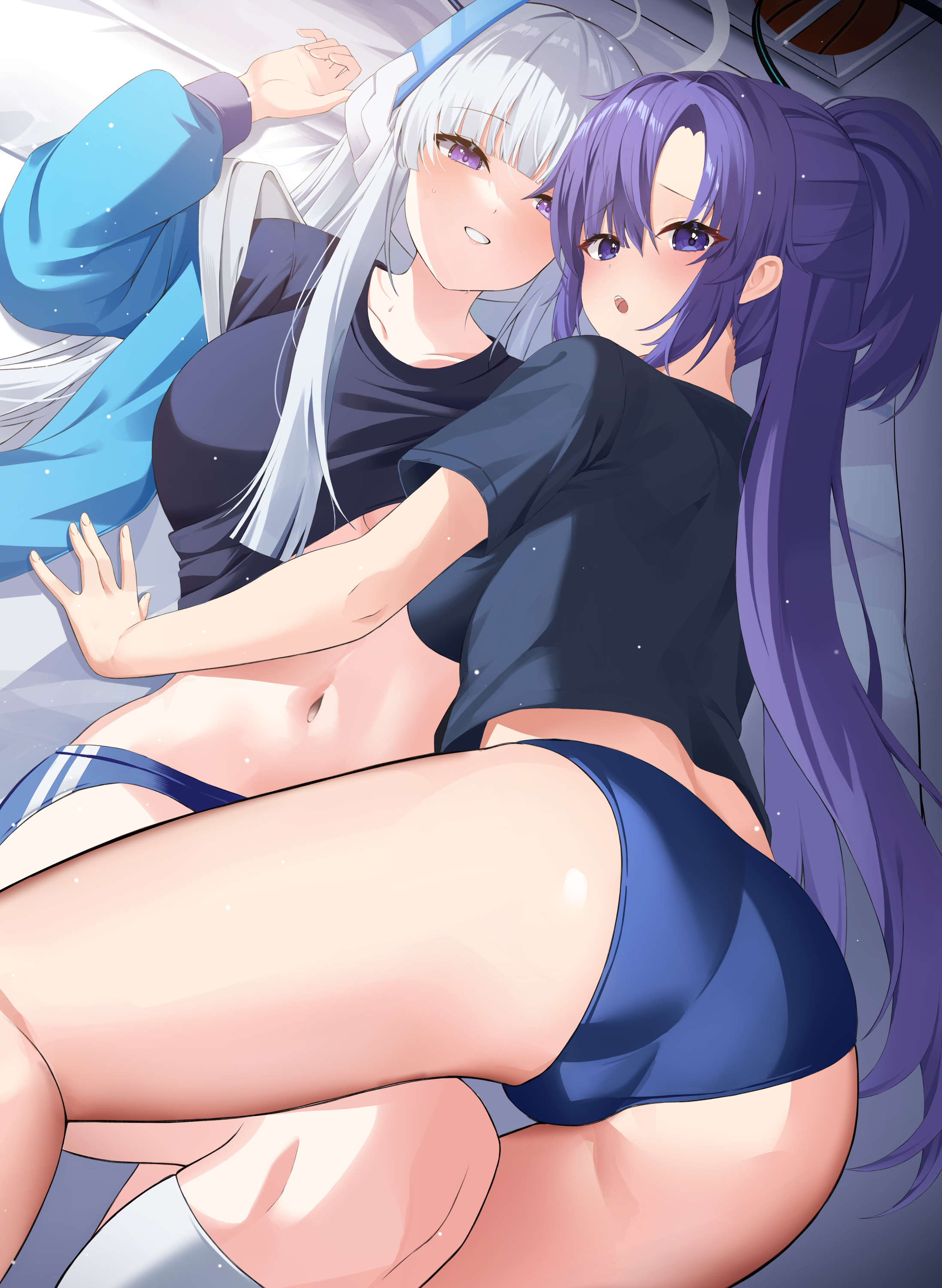 Anime 2195x3000 Ushio Noa Blue Archive anime girls anime games Hayase Yuuka buruma looking over shoulder ass anime portrait display looking at viewer blushing Nacho1103 long hair parted lips open mouth gym clothes natural light collarbone short sleeves purple hair white hair purple eyes blue eyes lying down lying on back belly belly button