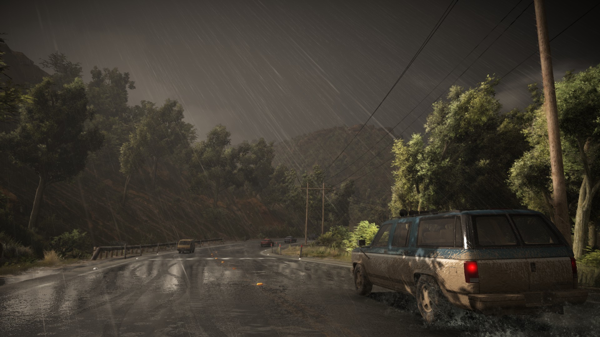 General 1920x1080 Ghost Recon Wildlands soldier video games Ubisoft road rain video game art screen shot vehicle CGI sky taillights power lines car trees wet road
