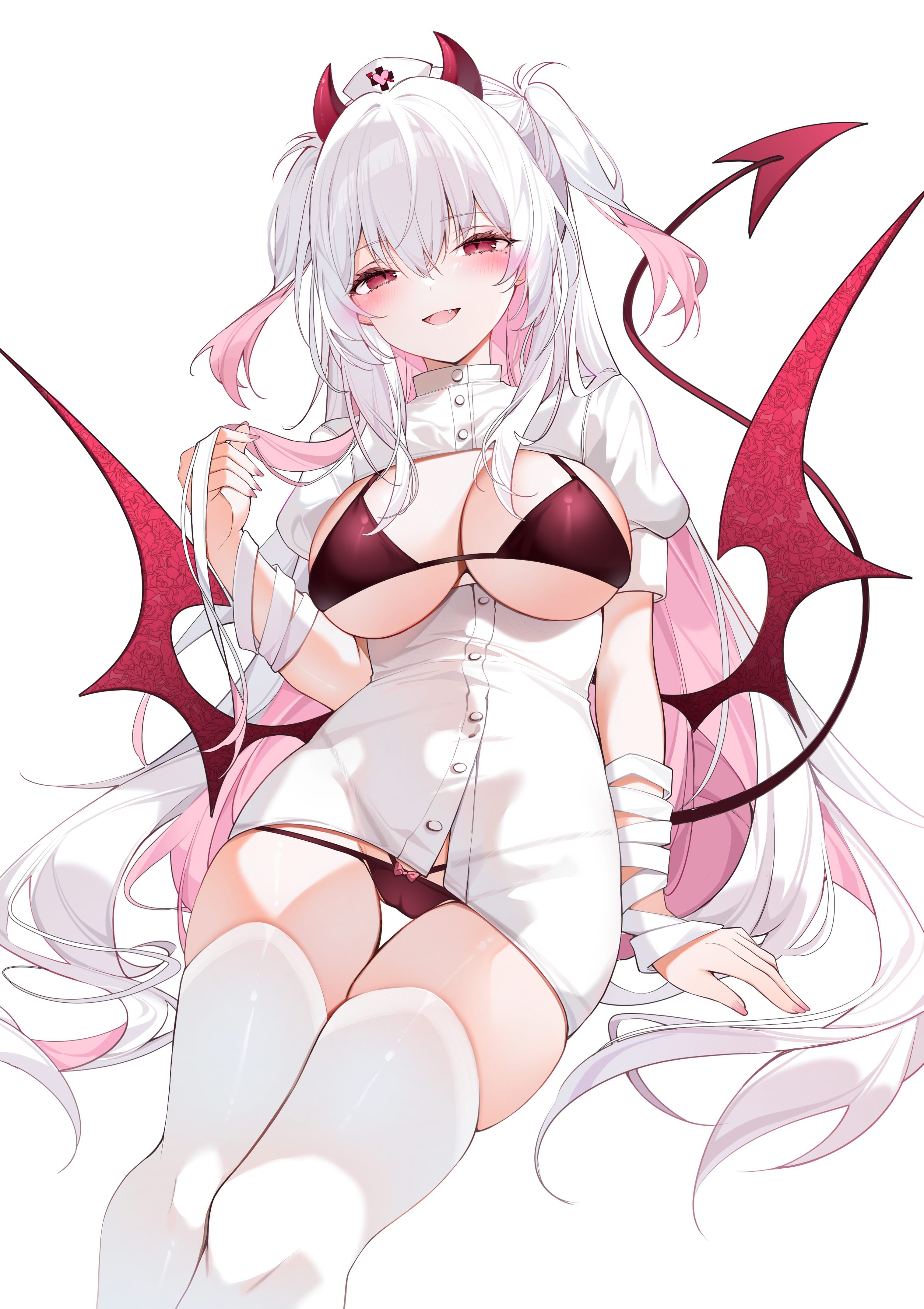 Anime 3035x4299 anime anime girls nurse outfit devil girl big boobs portrait display Yukineko1018 long hair blushing looking at viewer nurses two tone hair succubus white thigh highs thighs hair between eyes bandages open mouth mole under eye red eyes moles twintails short sleeves cameltoe demon tail wings long nails underwear smiling original characters