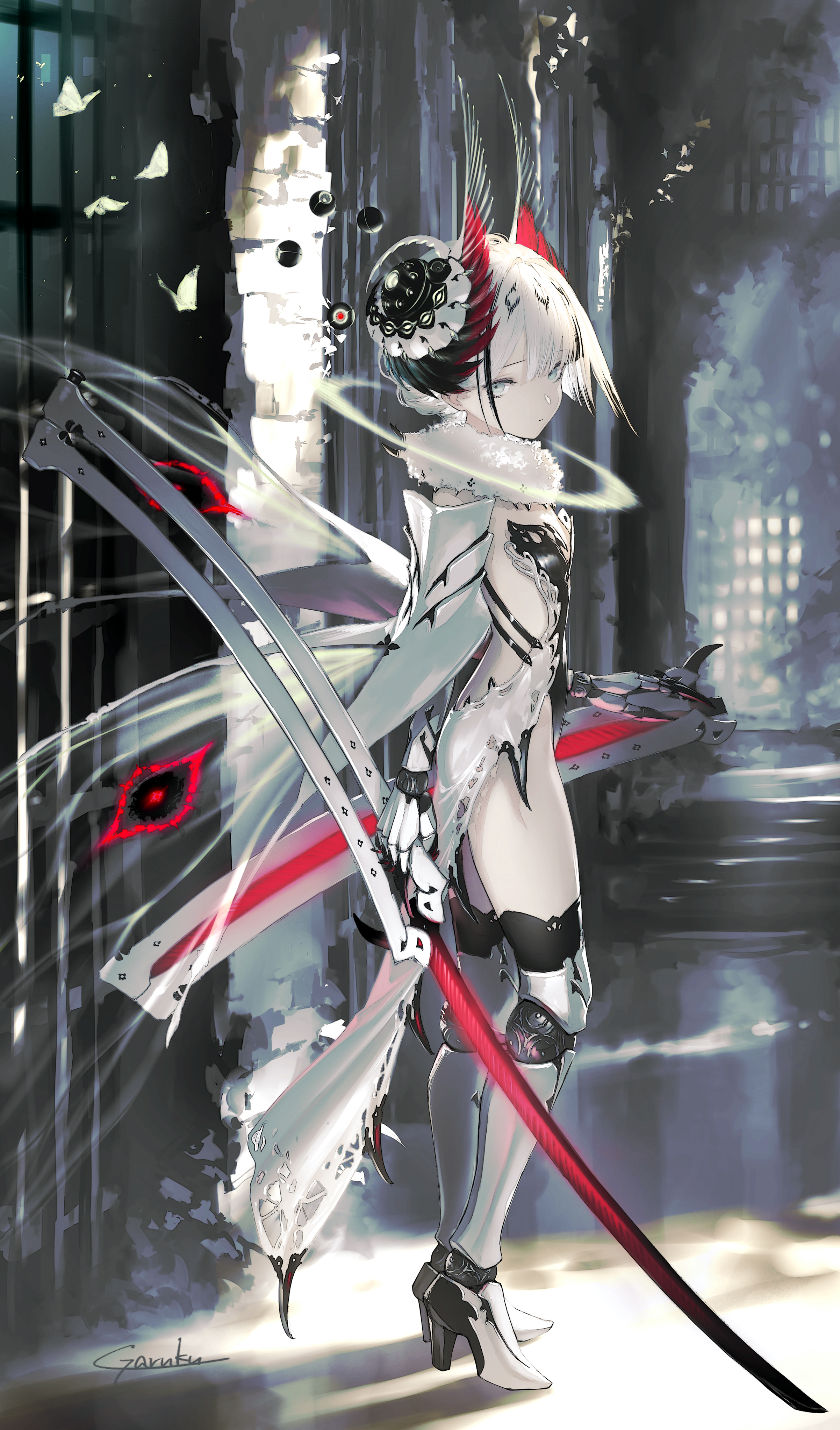 Anime 2403x4089 Pixiv anime anime girls Garuku looking at viewer standing portrait display short hair white hair blue eyes original characters skinny sword women with swords weapon signature high heels cyborg girl butterfly insect hips thighs closed mouth