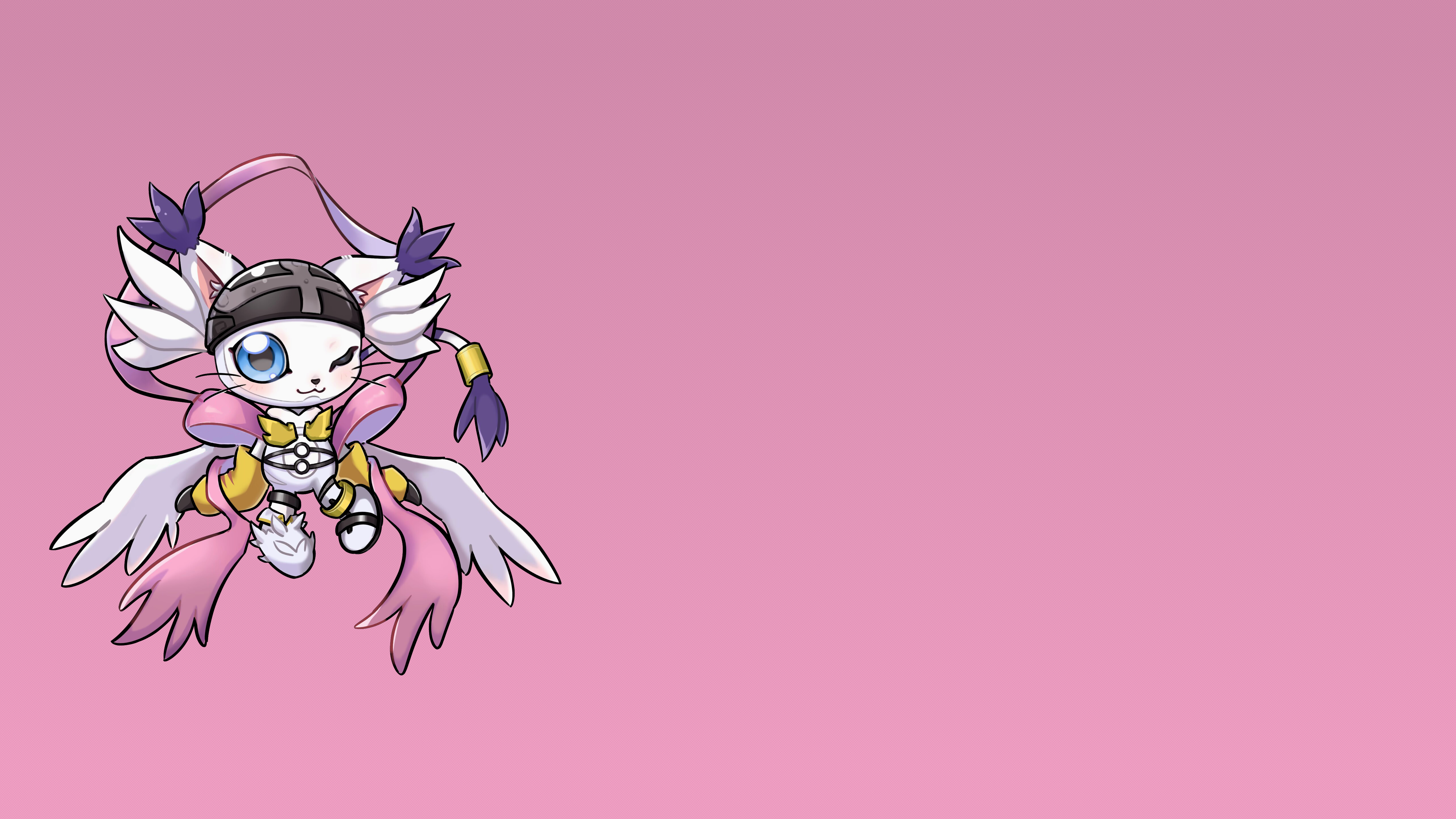 Anime 5120x2880 boots gloves blue eyes looking at viewer Digimon Gatomon angewomon animals claws costumes cosplay simple background ribbon angel wings Digimon Adventure cats helmet angel wings wink pink background