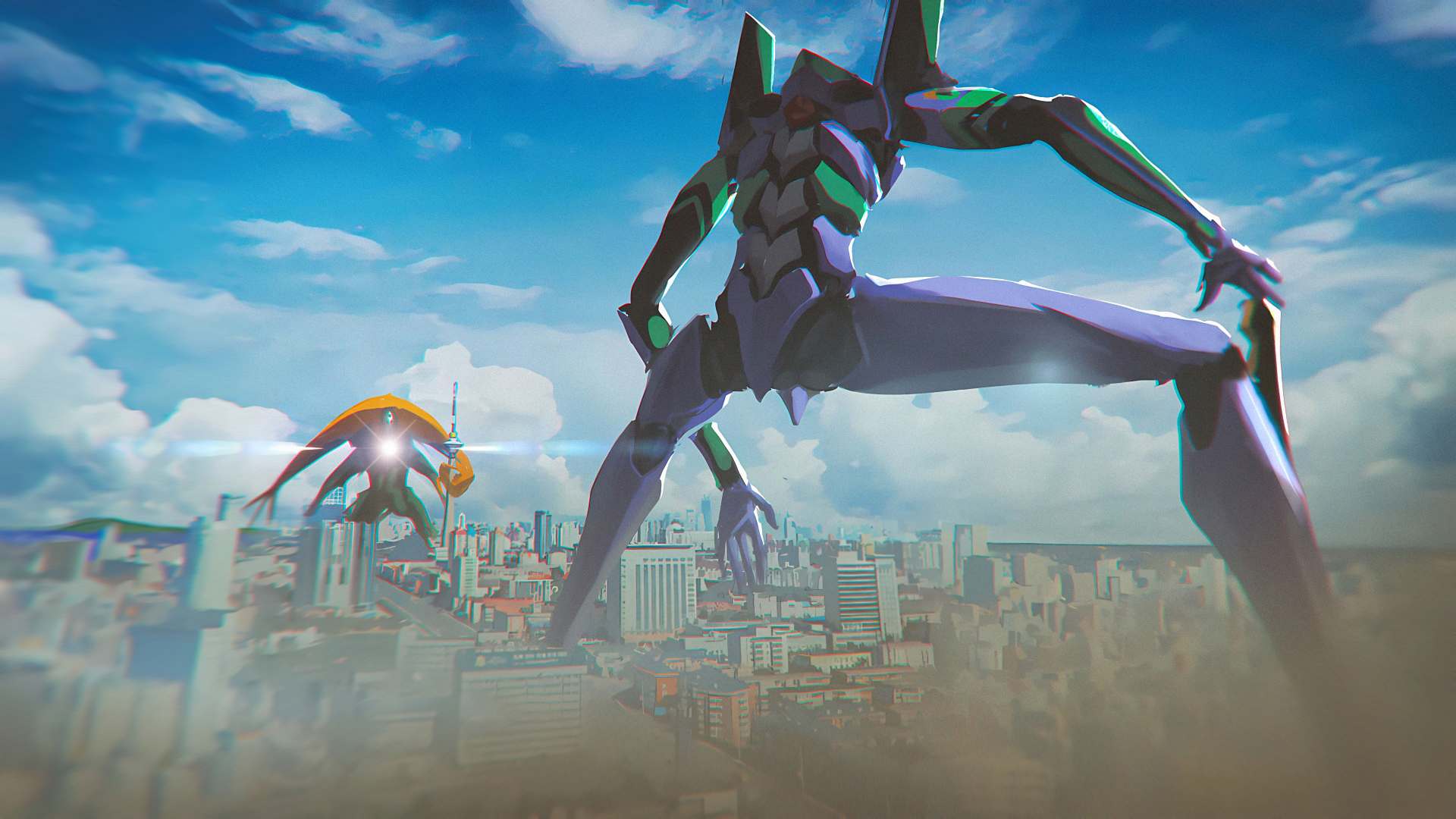 Anime 1920x1080 anime Neon Genesis Evangelion EVA Unit 01 city clear sky fighting