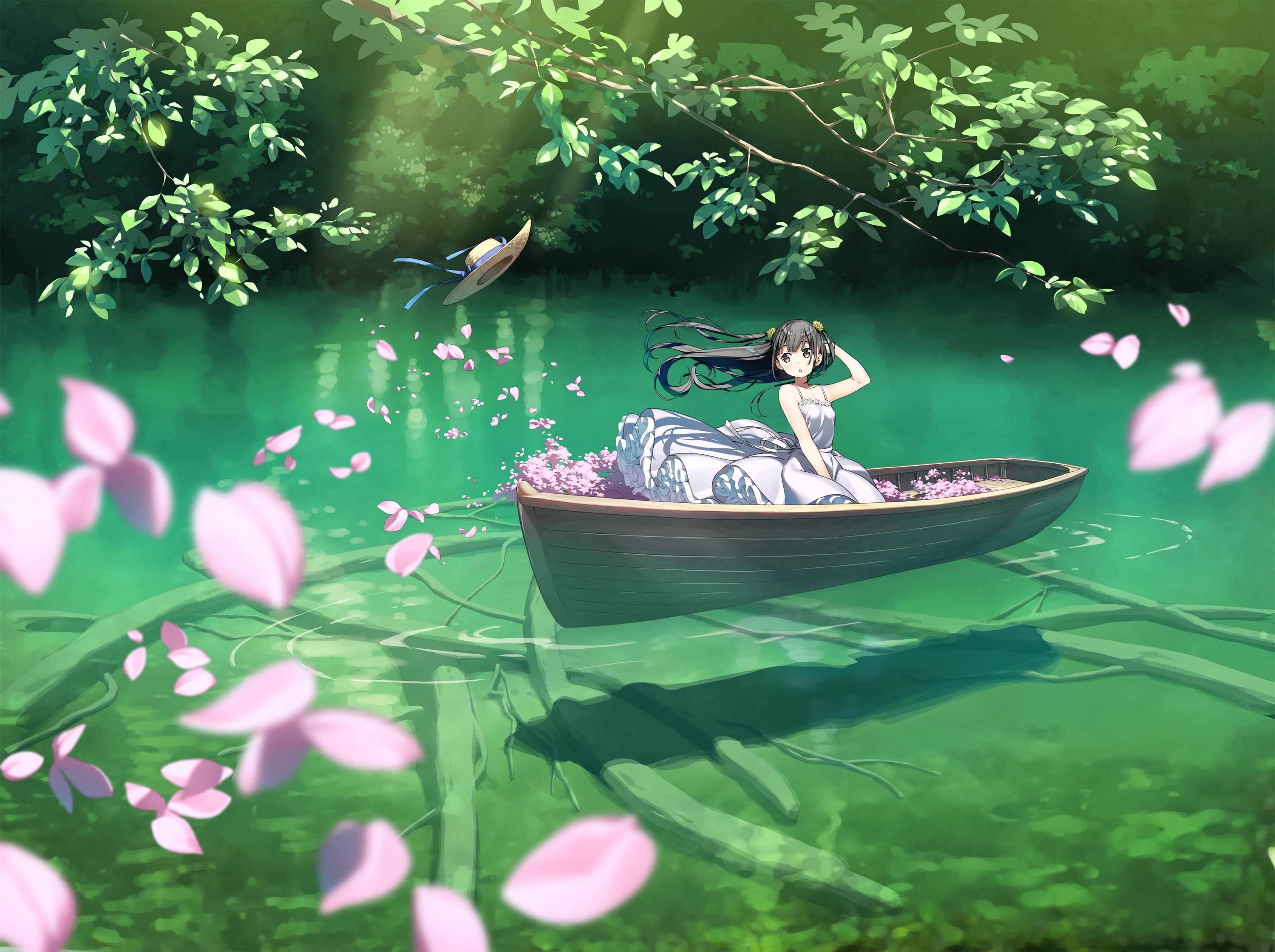 Anime 3000x2242 Kantoku anime girls boat petals hat hair blowing in the wind long hair sun hats water leaves roots branch sitting wind white dress sunlight dress nature ripples
