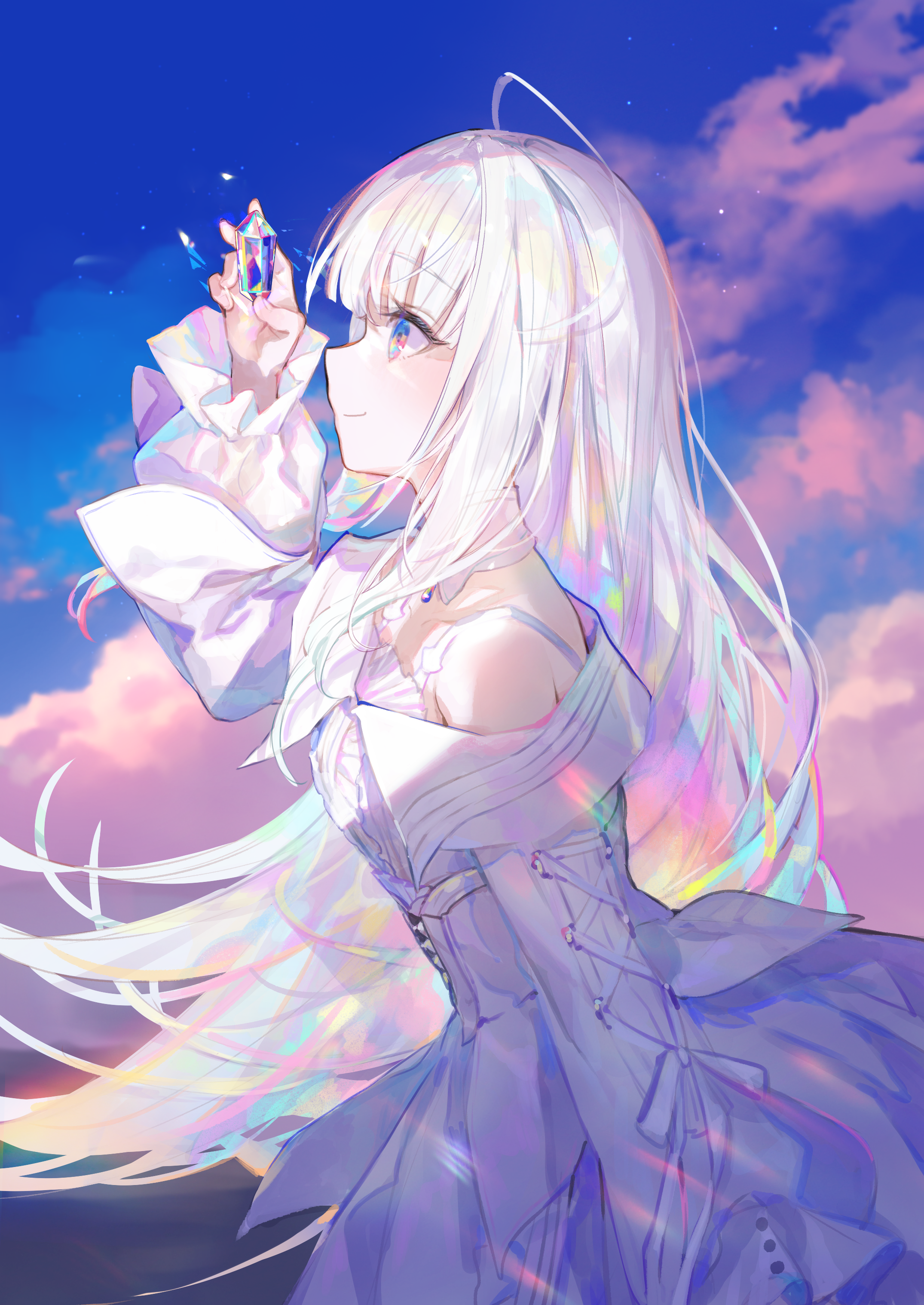 Anime 2150x3035 Fuji Choko anime anime girls Pixiv profile white dress multi-colored hair sky closed mouth long hair looking away crystal  side view off shoulder multi-colored eyes ahoge portrait display colorful smiling bra straps dress
