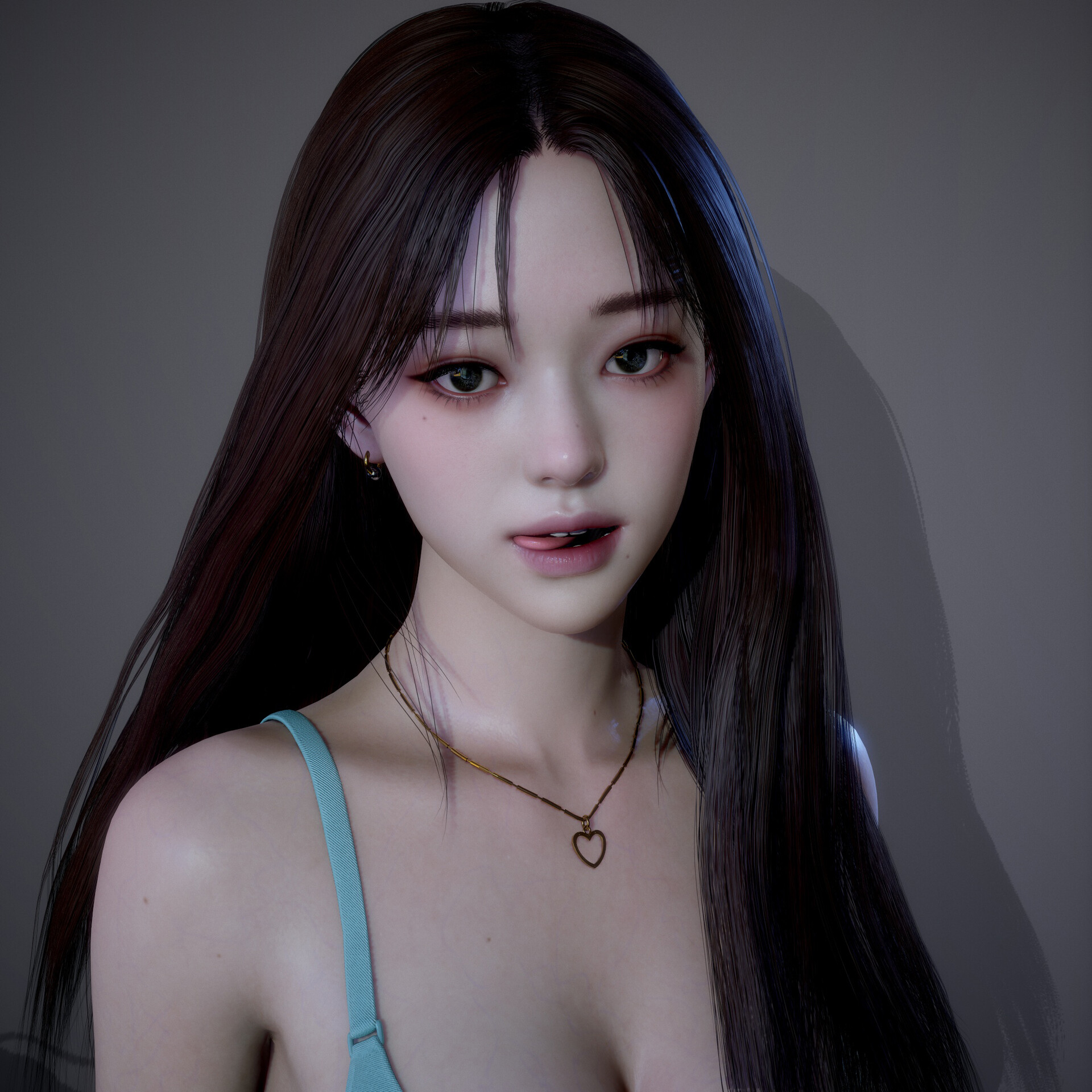 General 1920x1920 J Sheen CGI women long hair biting lips simple background Asian looking at viewer skinny collarbone necklace parted lips brunette earring cleavage tongues tongue out