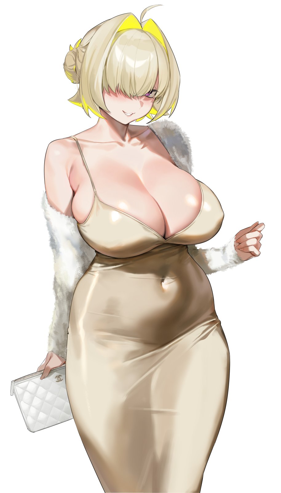 Anime 914x1600 Nikke: The Goddess of Victory Elegg (Nikke) huge breasts pinkmill white background portrait display standing simple background smiling cleavage collarbone one bare shoulder ahoge short hair blonde hair over one eye dress parted lips thick body purse looking at viewer anime girls hairbun purple eyes blushing