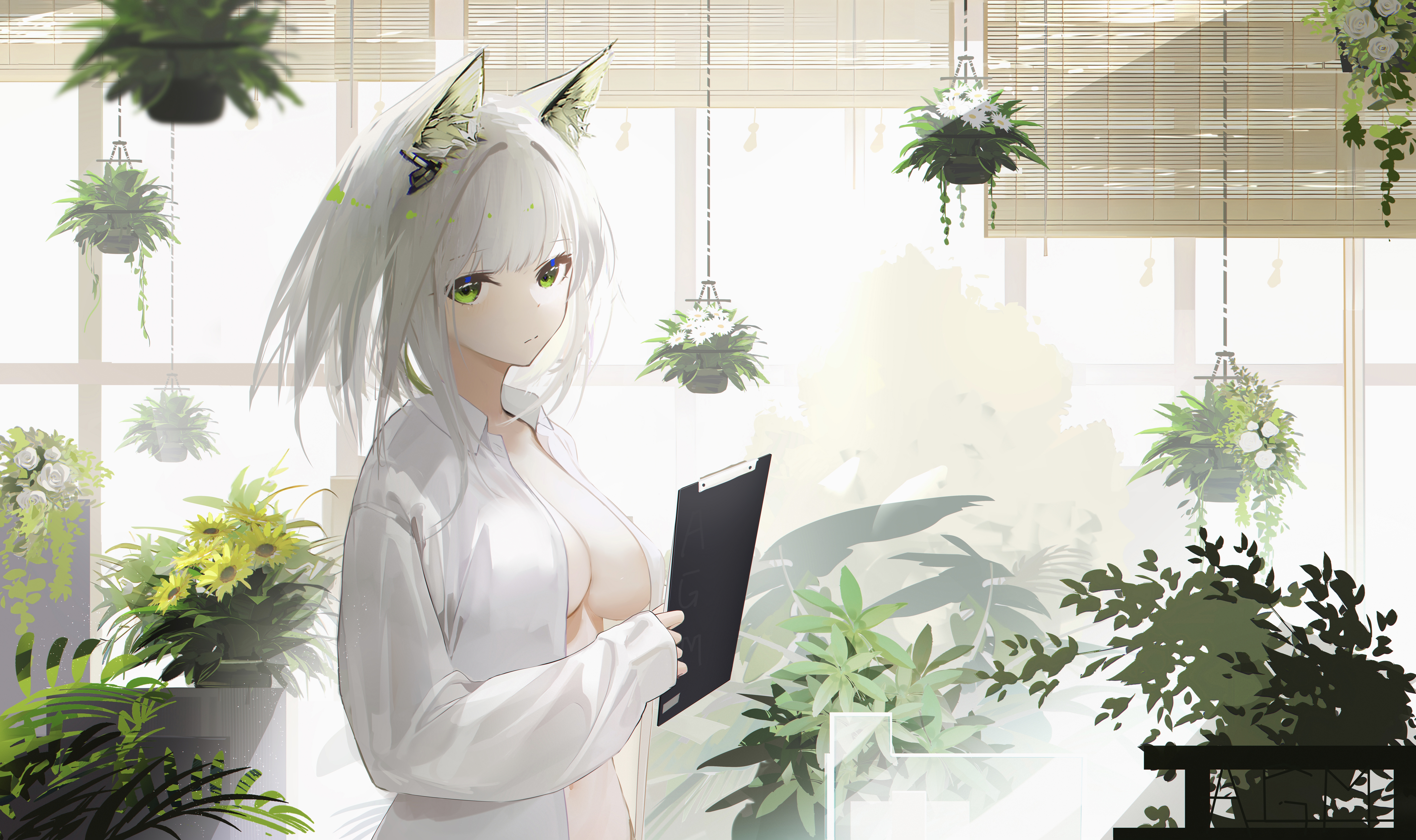 Anime 7280x4320 anime anime girls Omone Hokoma Agm Kal'tsit (Arknights) bright Arknights open clothes open shirt short hair looking at viewer standing clipboards plants leaves closed mouth white hair green eyes fox girl fox ears long sleeves sunflowers blinds collared shirt pot (tools)