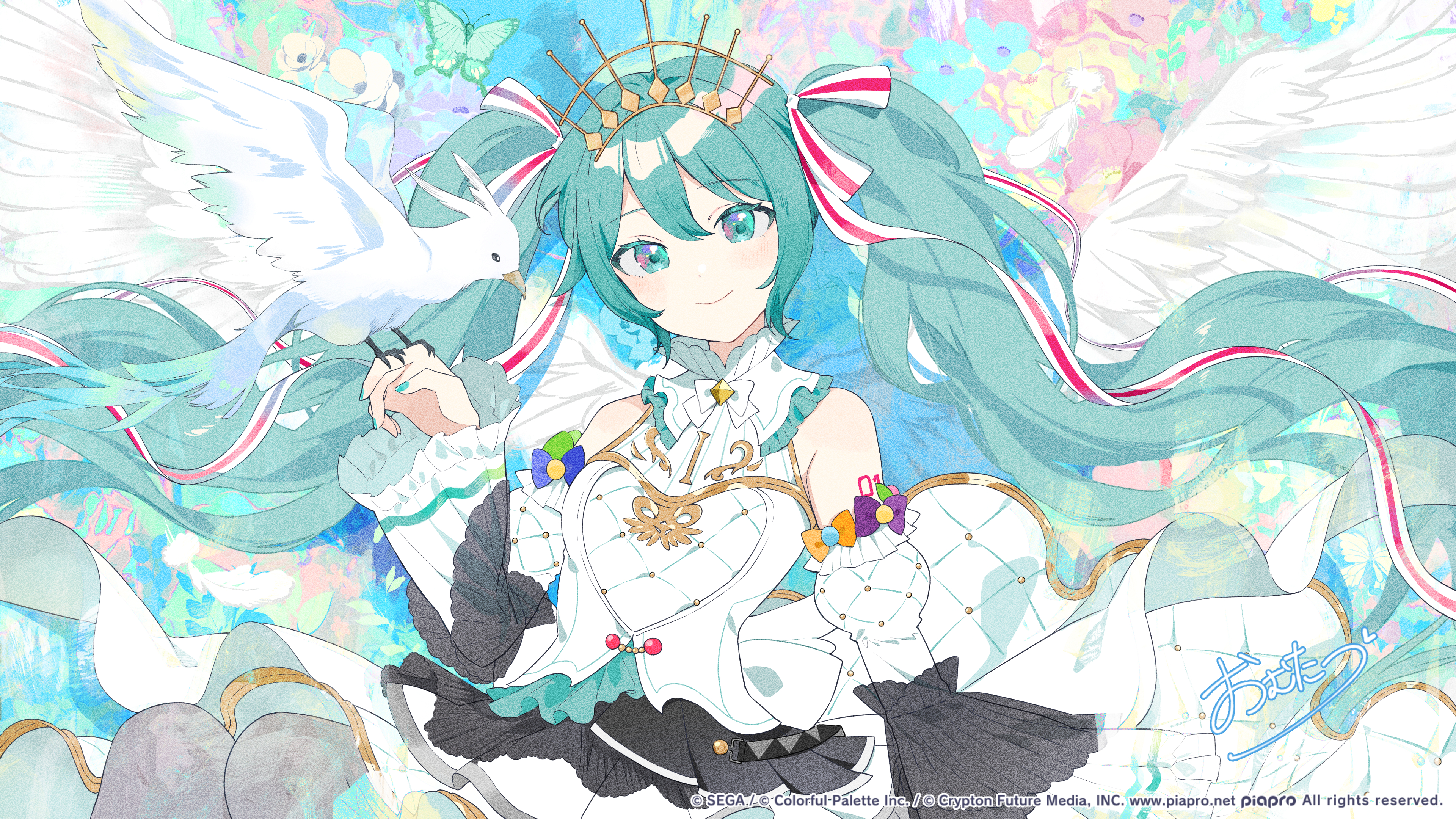 Anime 3840x2160 Vocaloid Hatsune Miku twintails looking at viewer long hair turquoise hair smiling detached sleeves Omutatsu aqua eyes