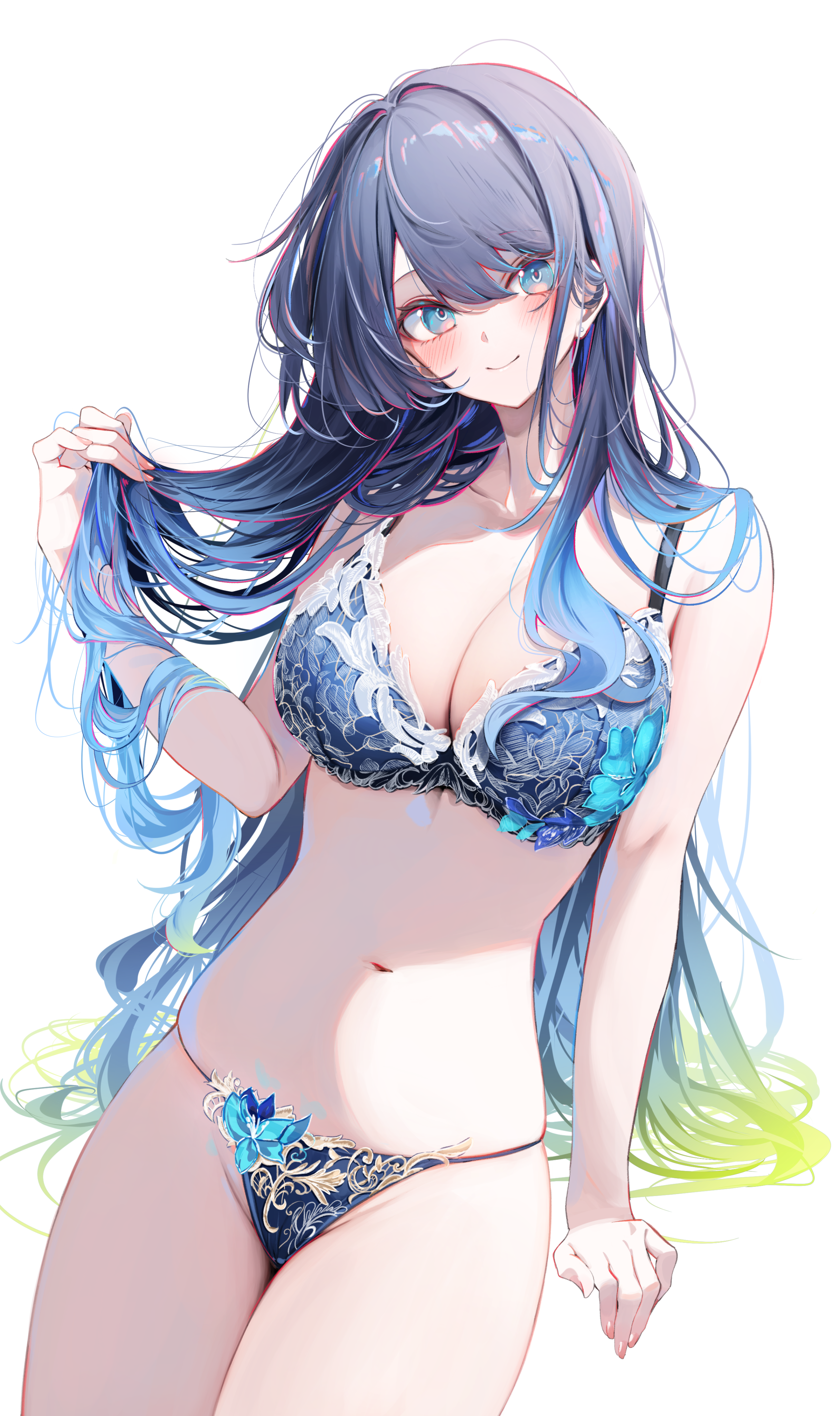 Anime 2431x4096 Komupi natsumi lingerie looking at viewer big boobs cleavage belly button long hair multi-colored hair skinny simple background smiling white background blushing underwear slim body bright portrait display holding hair collarbone hair between eyes floral skindentation head tilt anime girls thighs together