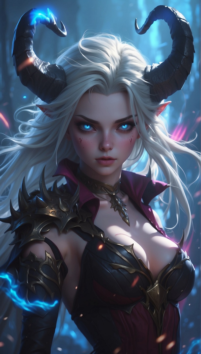 General 818x1440 Stable Diffusion AI art horns glowing eyes injured blue eyes portrait display long hair looking at viewer cleavage big boobs parted lips white hair demon girls pointy ears women fantasy girl demon horns