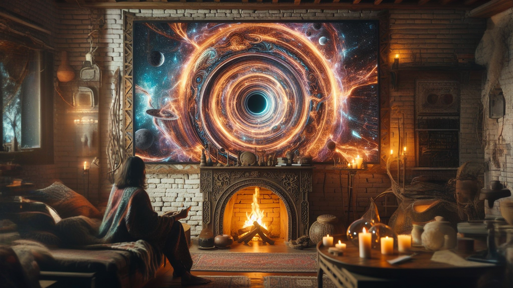 People 2048x1152 AI art digital art fantasy art wormhole fireplace hippie  candles living rooms