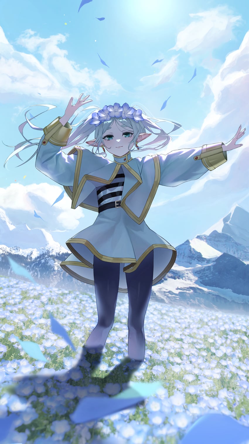 Anime 850x1518 Sousou No Frieren Frieren portrait display anime girls looking at viewer flowers flower crown pointy ears mountains long sleeves elves women outdoors pantyhose twintails closed mouth clouds Ryo E petals sky sunlight standing