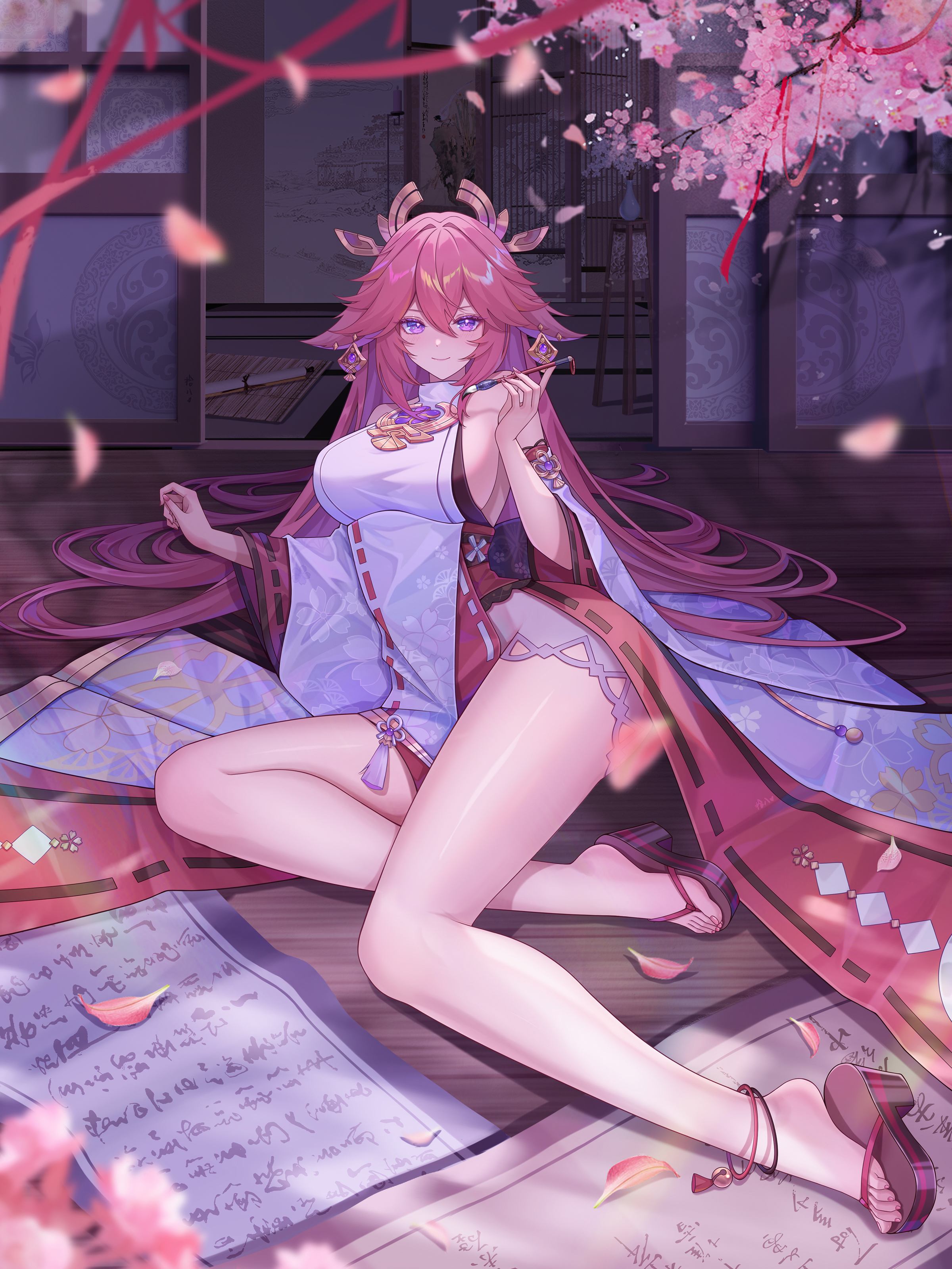 Anime 2400x3200 Genshin Impact long hair portrait display pink hair Yae Miko (Genshin Impact) Japanese clothes petals looking at viewer fox girl cherry blossom thighs Juuhachi Kin smiling animal ears fox ears hair between eyes toes detached sleeves jewelry paint brushes purple eyes