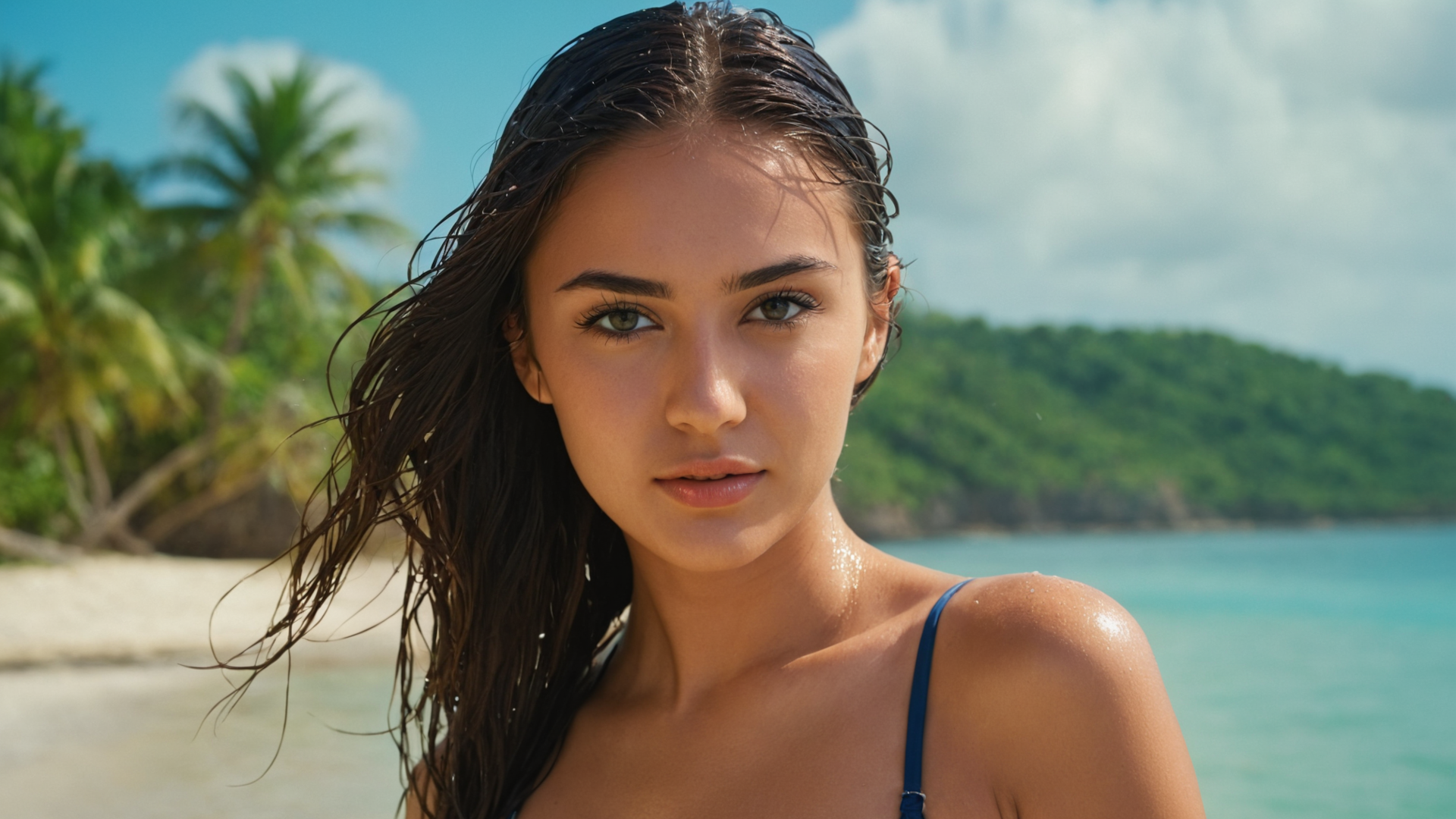 General 1920x1080 AI art Stable Diffusion portrait brunette wet beach water women on beach clouds women outdoors wet body looking at viewer wet hair blurry background face parted lips brown eyes long hair women