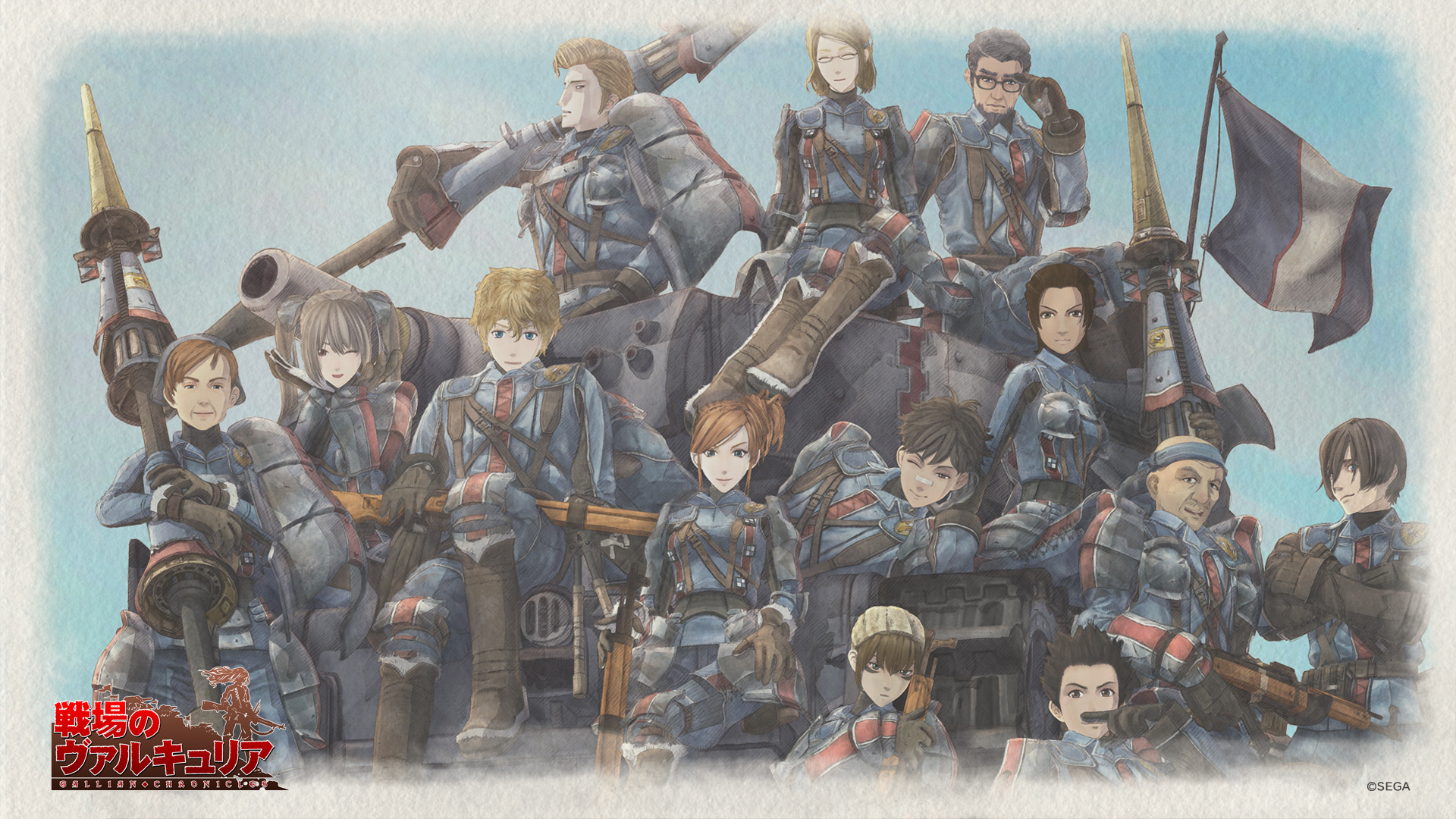 Anime 1920x1080 Valkyria Chronicles anime girls anime anime boys video games video game art Sega watermarked sitting video game characters title Japanese looking at viewer weapon screen shot one eye closed uniform