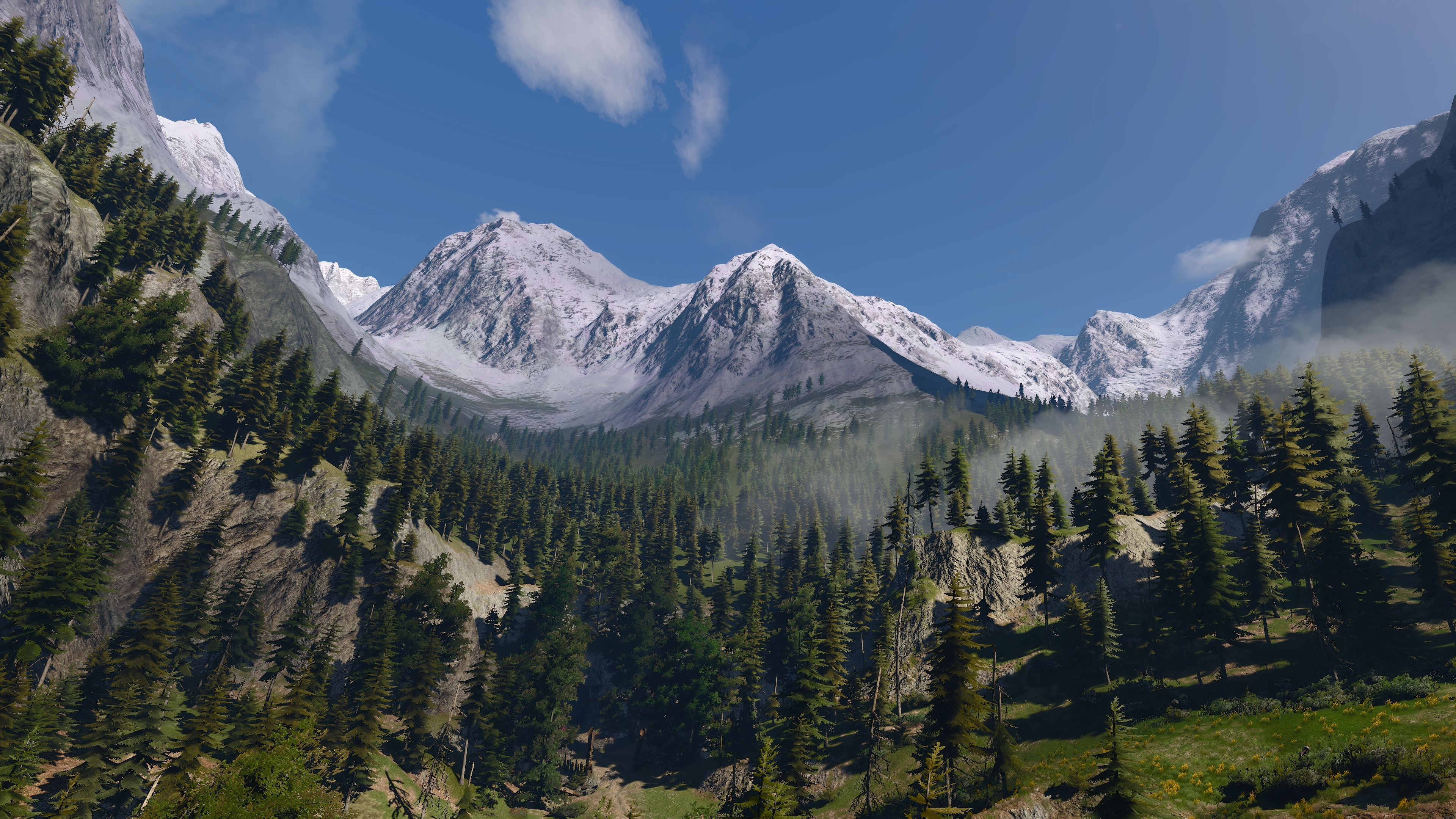 General 3840x2160 The Witcher 3: Wild Hunt screen shot PC gaming mountains Kaer Morhen video game art trees video games sunlight forest mist CGI sky clear sky snow snowy mountain