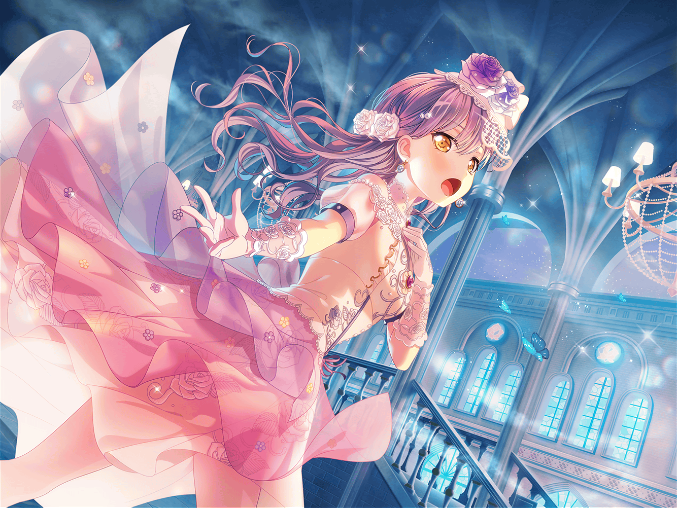 Anime 1334x1002 BanG Dream! minato yukina anime anime girls open mouth looking at viewer long hair gloves white gloves standing balustrade short sleeves chandeliers dress frills flowers flower in hair earring stairs butterfly insect sparkles singing