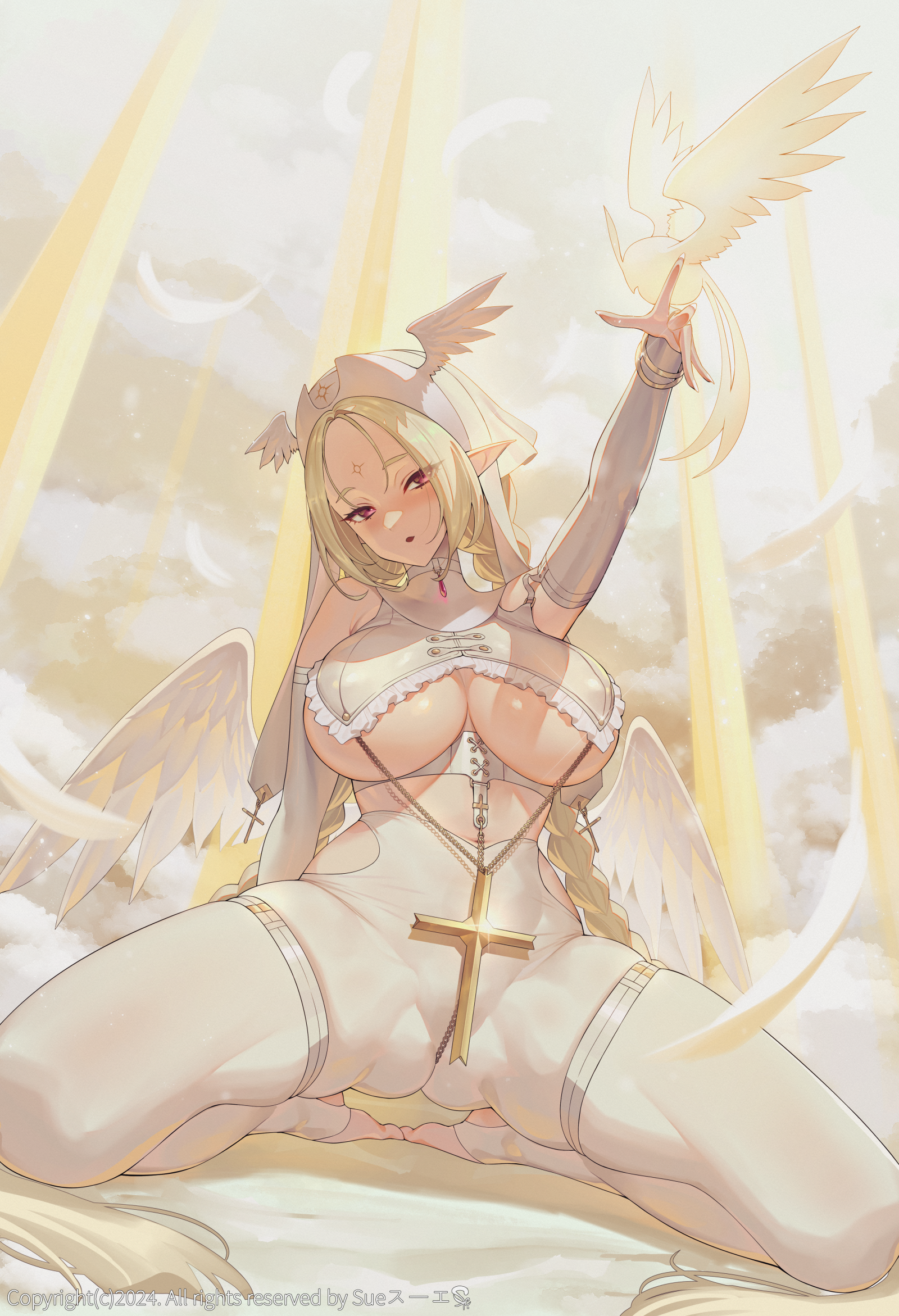 Anime 1600x2342 anime girls blonde pointy ears Suertee portrait display leg ring skindentation cross huge breasts spread legs bare shoulders long hair watermarked 2024 (year) wings thighs bright feathers butt fangs thick thigh blushing gradient eyes gloves elbow gloves head wings kneeling bent legs
