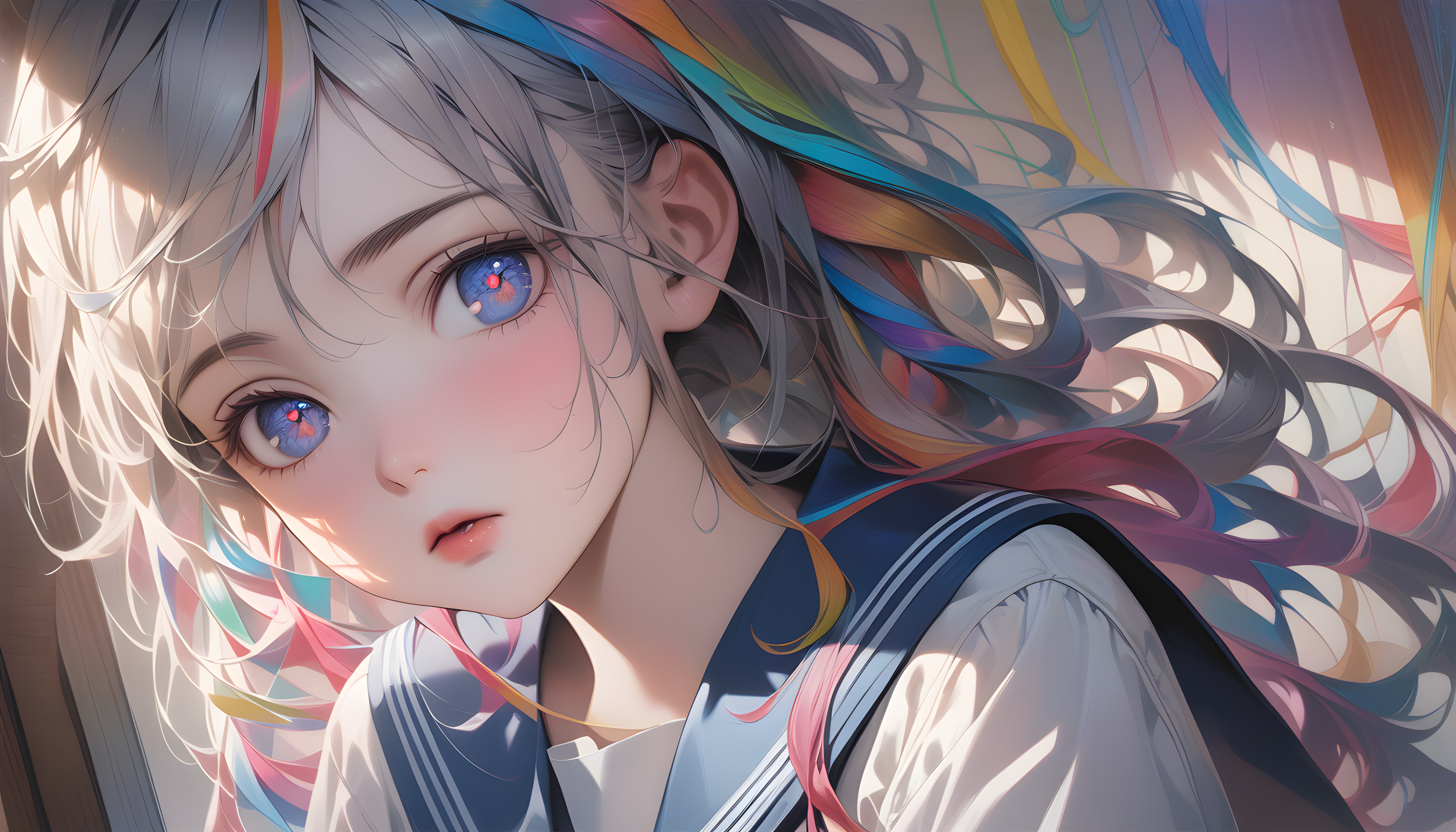 Anime 5376x3072 AI art Stable Diffusion looking at viewer realistic multi-colored hair doll school uniform schoolgirl parted lips anime girls anime sunlight face closeup blushing long hair