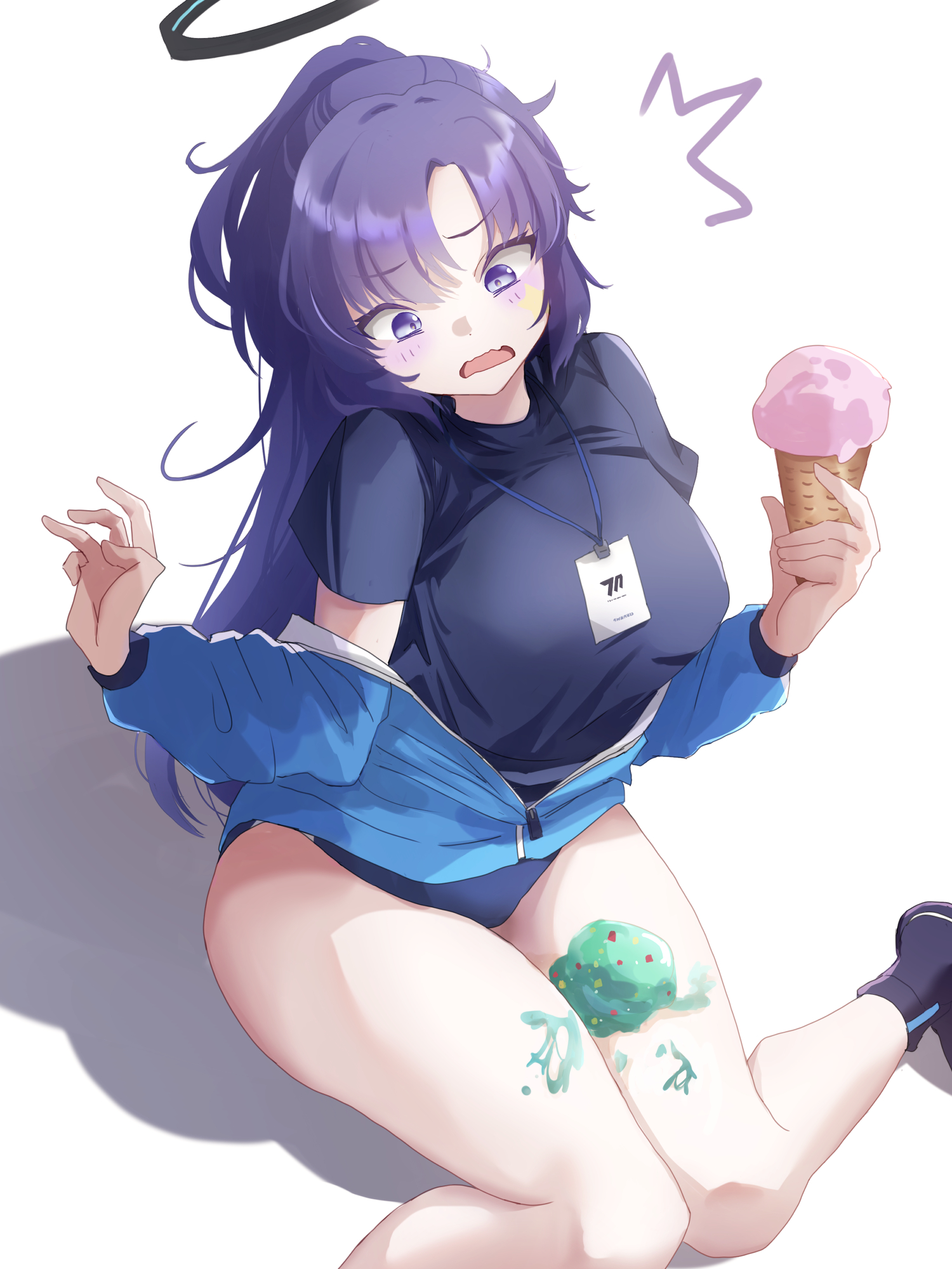 Anime 1500x2000 anime anime girls Blue Archive Hayase Yuuka portrait display ice cream shinyday312 open mouth short sleeves unzipped thighs together accidents ID card white background simple background legs open clothes open jacket surprised purple hair purple eyes sweets thighs jacket zipper buruma