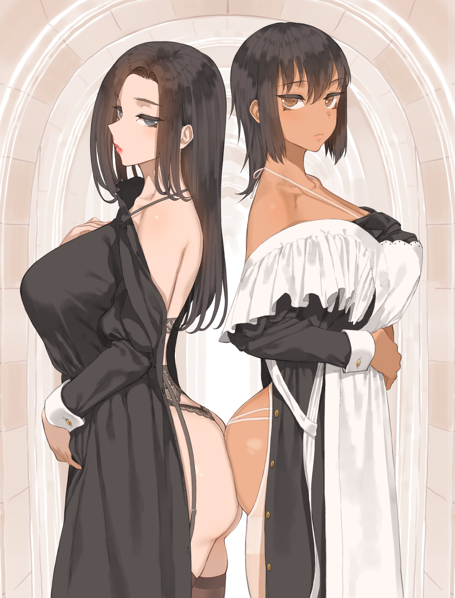 Anime 1512x1987 anime girls dark hair Throtem two women Martha (Throtem) ass Torako (Throtem) maid ass-to-ass maid outfit lingerie looking at viewer standing portrait display huge breasts side view closed mouth parted lips hair between eyes skinny long hair