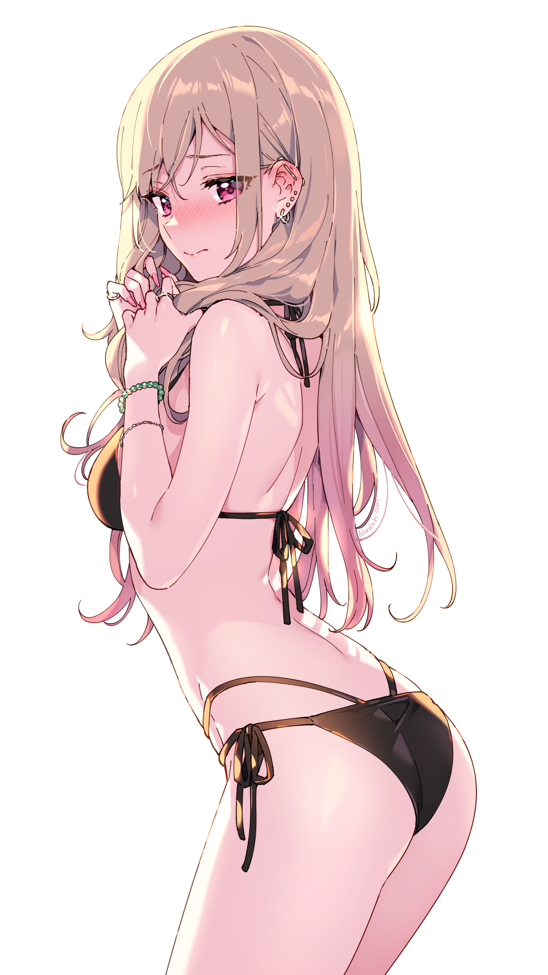 Anime 1080x1920 anime anime girls Sono Bisque Doll wa Koi wo Suru Kitagawa Marin long hair looking over shoulder ass simple background bikini white background Nardack bracelets embarrassed closed mouth ear piercing minimalism arched back standing black bikinis gradient hair two tone hair holding hair earring rings looking at viewer pearl bracelet pink eyes hair between eyes skinny