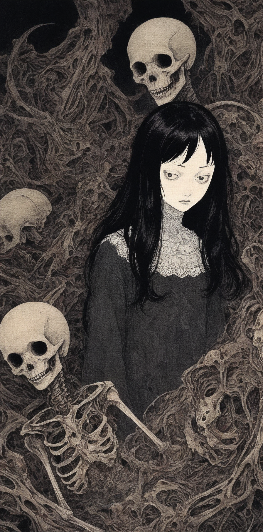 Anime 896x1808 AI art horror horror anime skull and bones dark Junji Ito skeleton