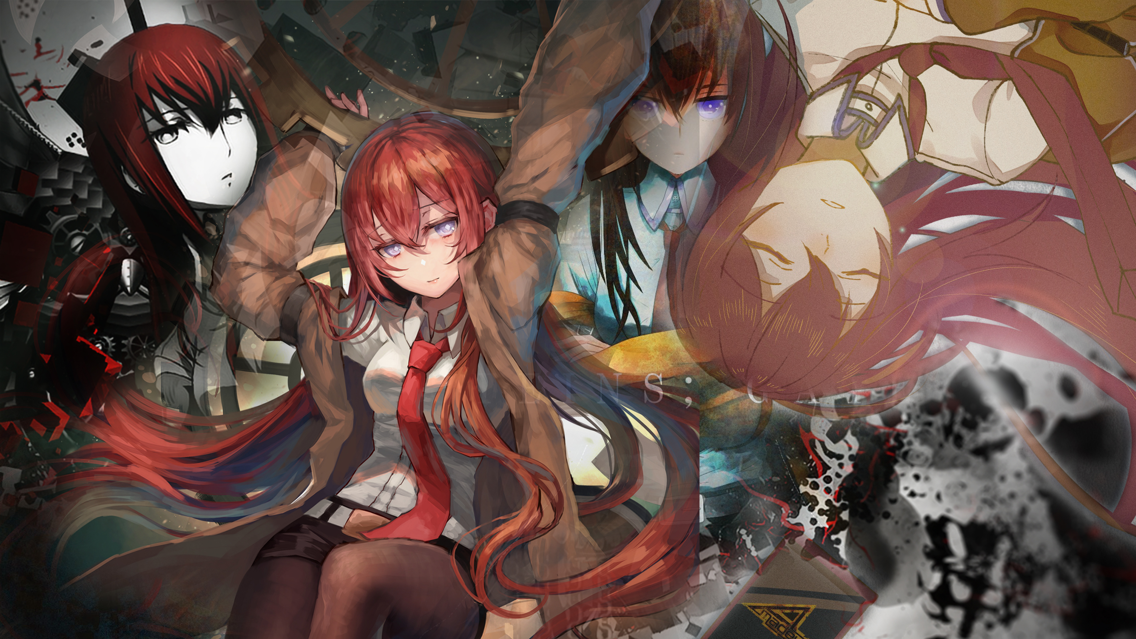 Anime 3840x2160 Steins;Gate Makise Kurisu anime anime girls fan art illustration hair between eyes tie parted lips closed mouth long hair looking at viewer redhead blue eyes arms up