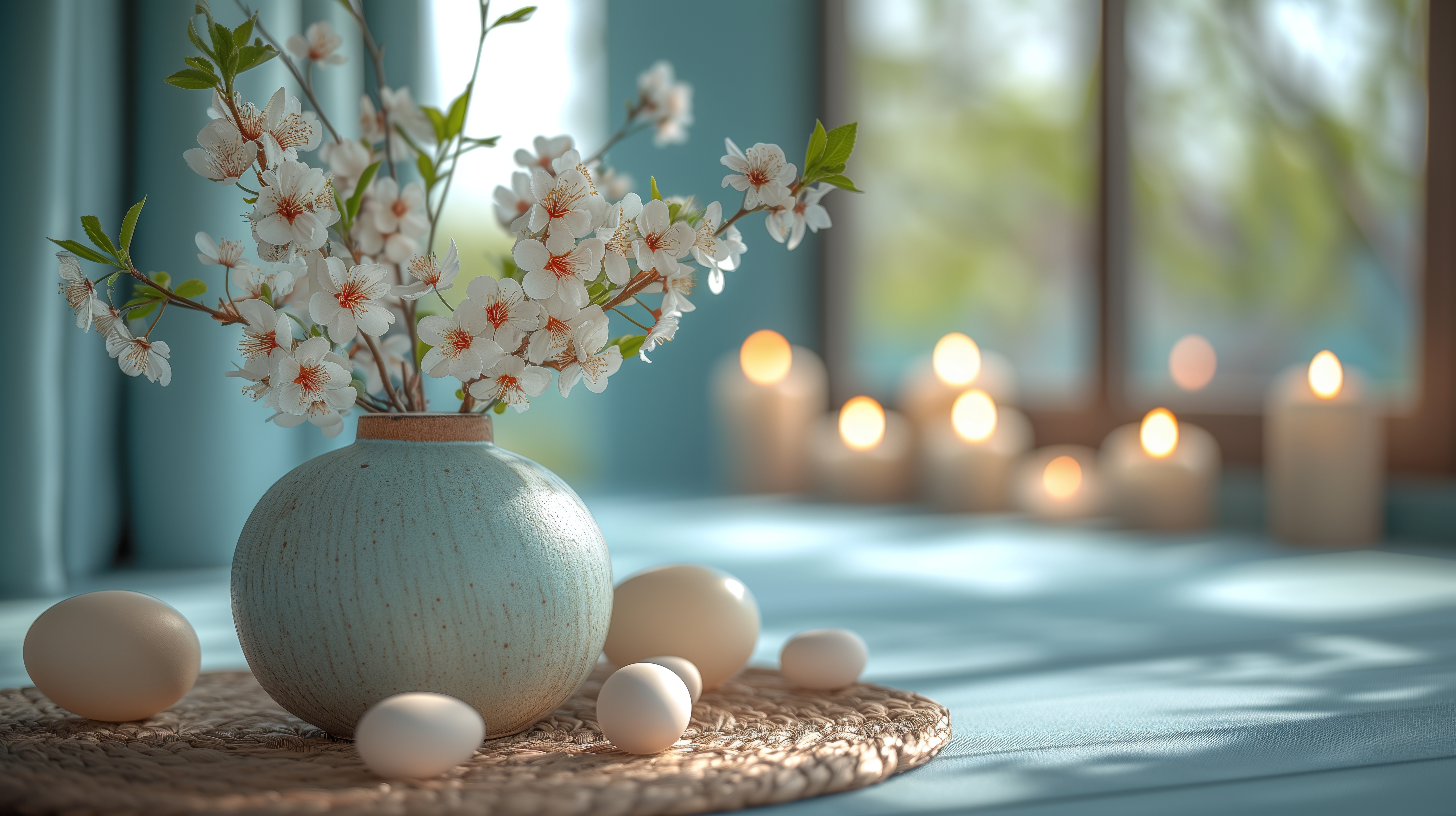 General 5824x3264 AI art flowers vases eggs Easter candles blurred blurry background natural light window fire