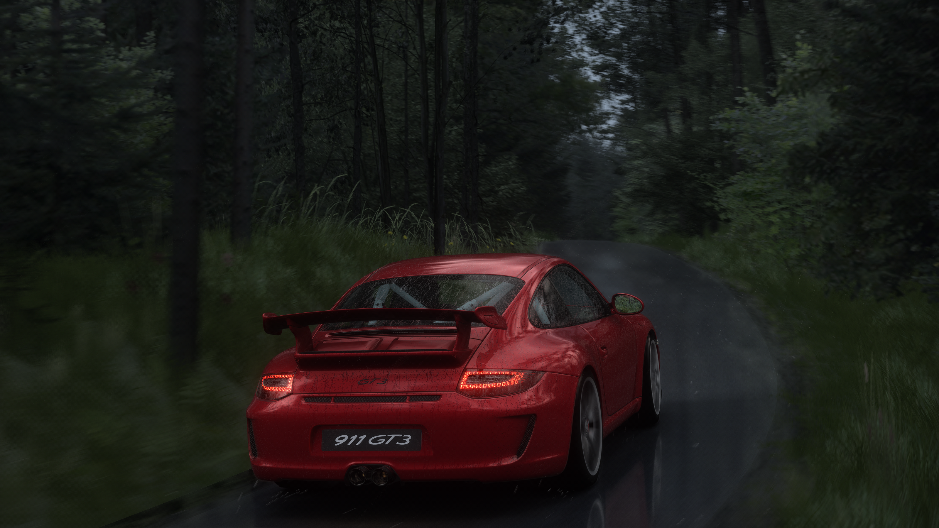 General 3200x1800 Assetto Corsa Porsche GT3 997.2 trees overcast rain car video game art realistic 4K gaming video games screen shot rear view taillights licence plates reflection red cars path rearview mirror
