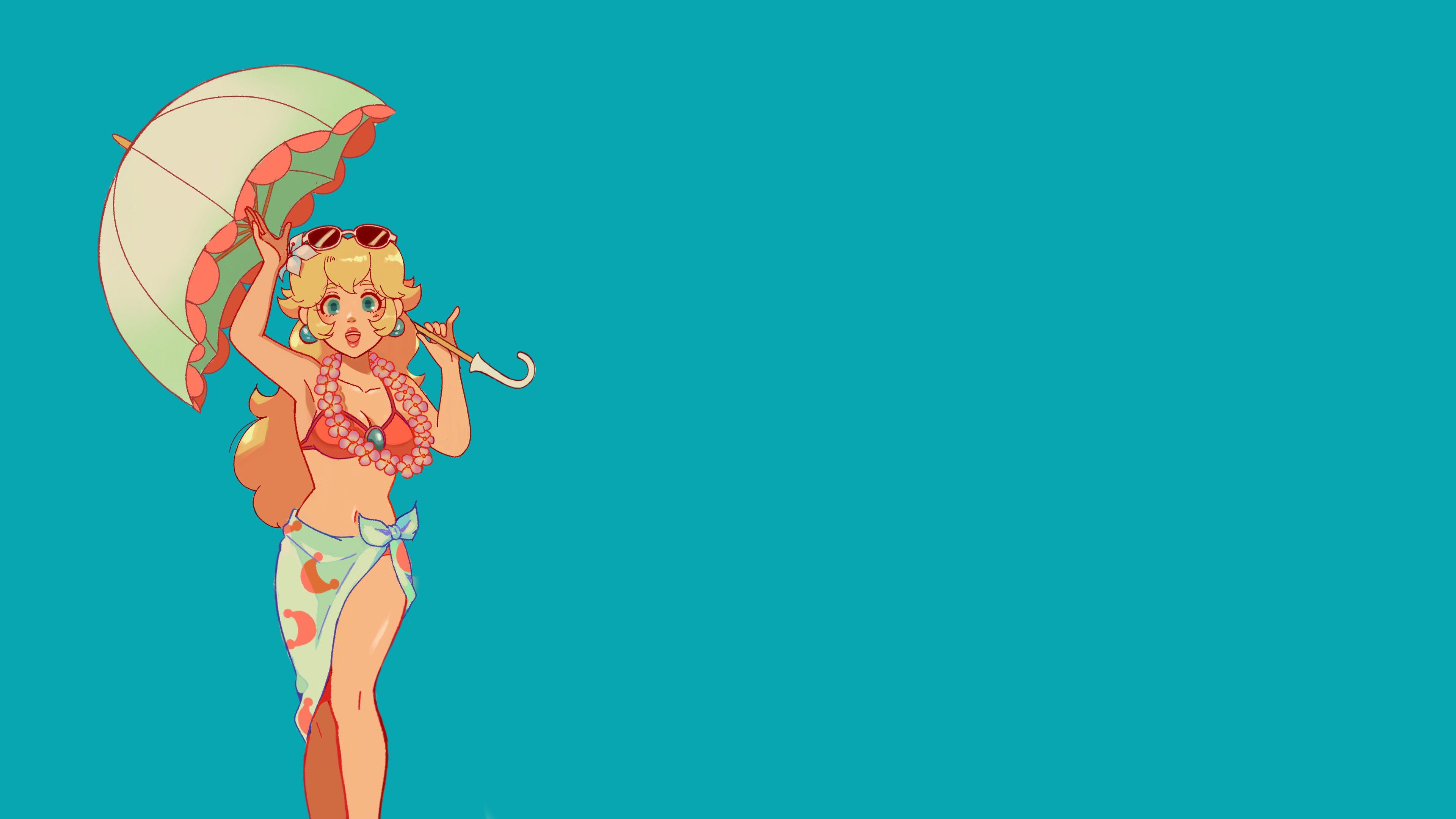 Anime 3840x2160 Princess Peach parasol bikini pink bikini sarong Sarong skirt thighs thighs together cleavage flower necklace jewel blue eyes bangs women with shades simple background belly orange bikini swimwear orange swimwear earring hair ornament waving bare midriff belly button bare shoulders armpits spread armpit long hair Mario Bros. makeup Nintendo umbrella softp3ach_ sunglasses blonde blue background flower in hair smiling