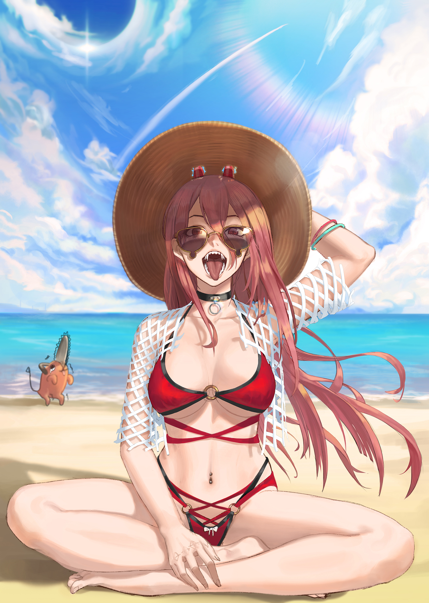 Anime 1500x2109 Power (Chainsaw Man) Chainsaw Man sitting legs crossed bent legs frontal view pierced navel barefoot hand on leg one arm up anime girls outdoors women outdoors open mouth tongues tongue out sunlight women on beach beach hair between eyes anime Pochita (Chainsaw Man) sand on the ground bikini sun hats sky K'pumpkin sun rays water looking at viewer pointy teeth big boobs clouds long hair symbol-shaped pupils choker sunglasses red bikini shaking wristband O ring swimsuit