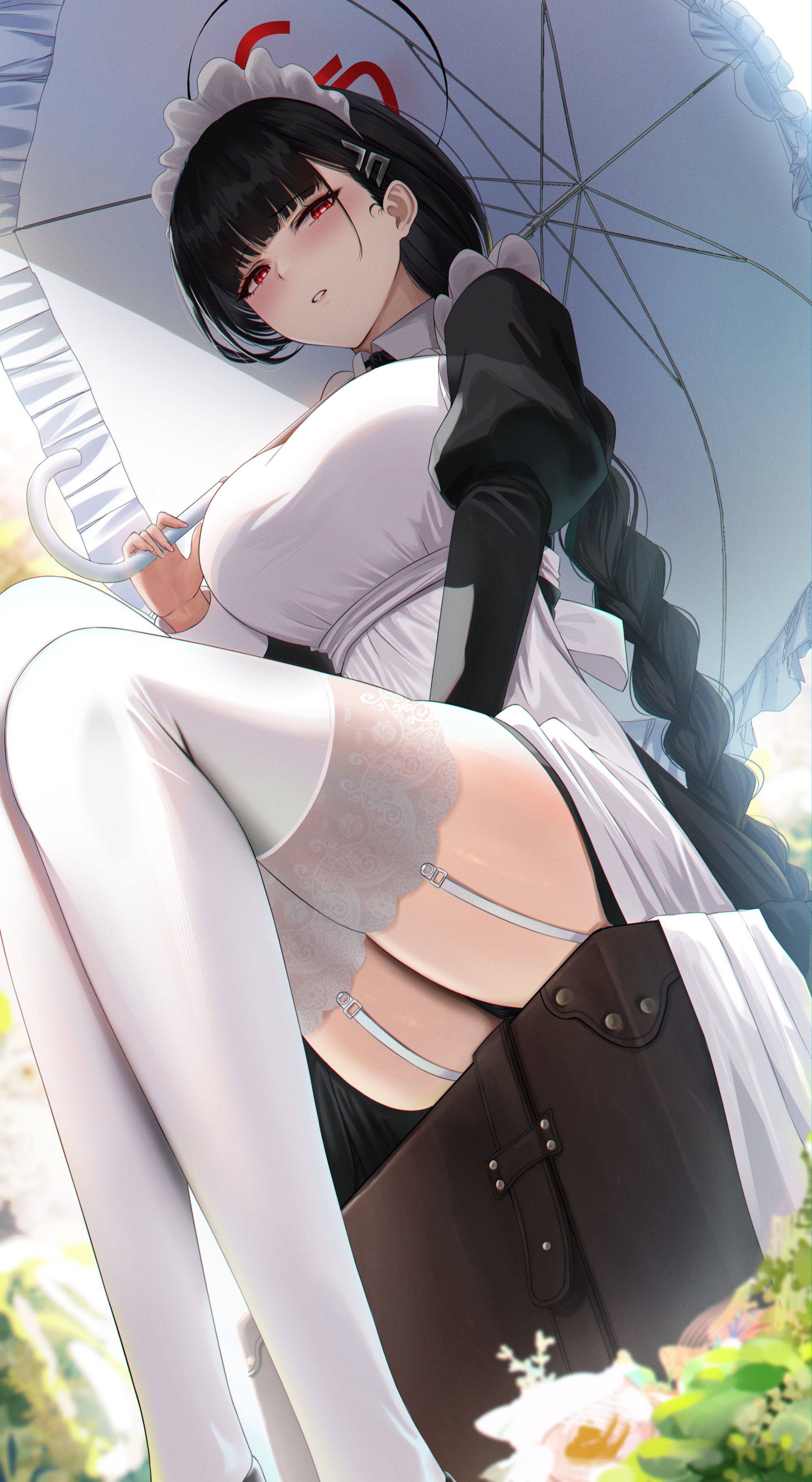 Anime 2245x4096 Blue Archive low-angle portrait display long hair Tsukatsuki Rio headdress looking at viewer hair clip red eyes women outdoors huge breasts maid outfit hair ornament umbrella long sleeves white apron stockings white stockings looking below suitcase garter straps parted lips alternate costume dress Yamikyon lace stockings blushing pantsu shot maid flowers apron thighs thighs together glowing eyes sitting braids one arm up bent legs anime girls