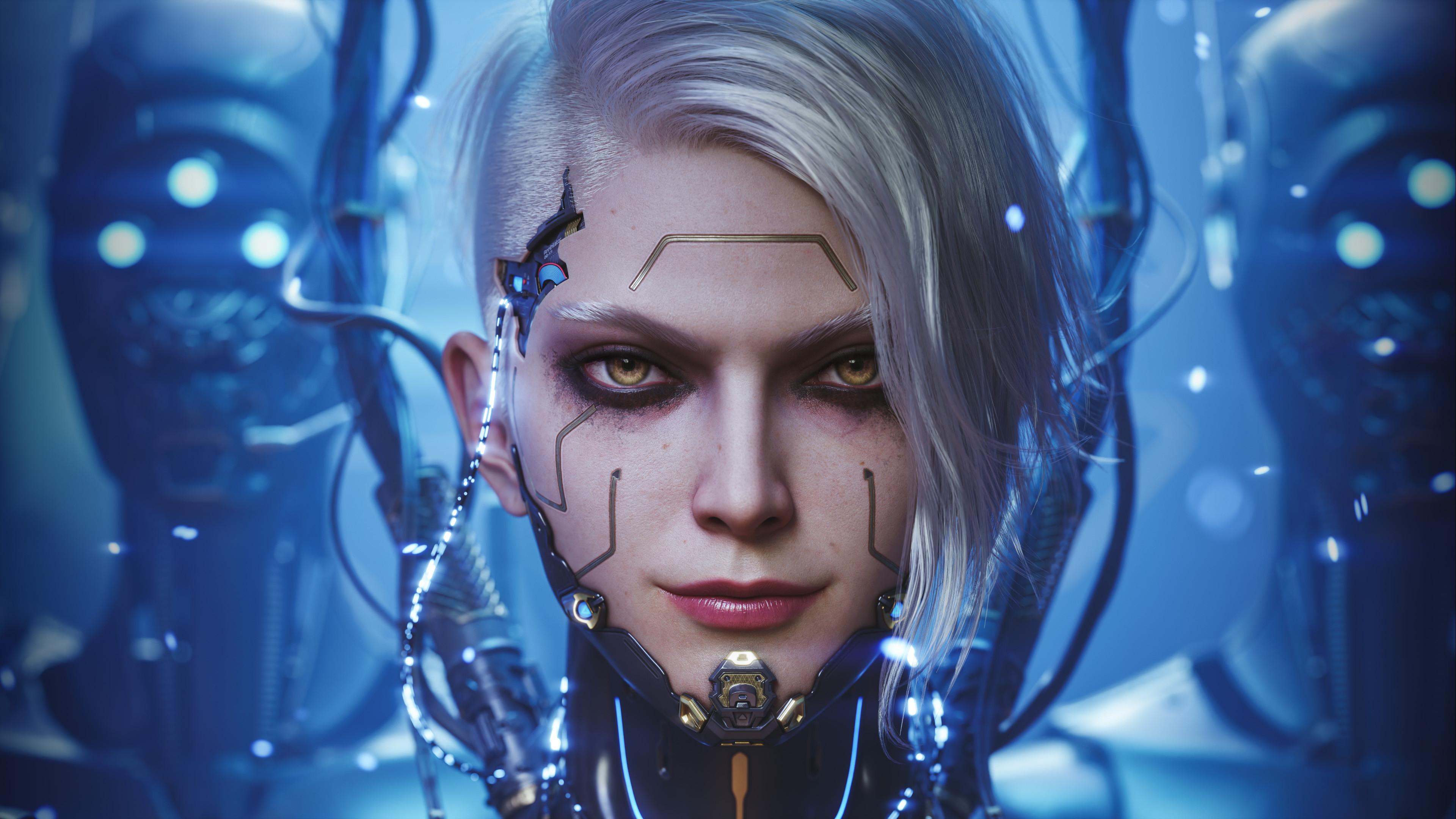 General 3840x2160 Huifeng Huang CGI cyberpunk portrait wires yellow eyes digital art closeup face looking at viewer frontal view closed mouth blurry background cables futuristic short hair cyborg smiling silver hair cyborg girl