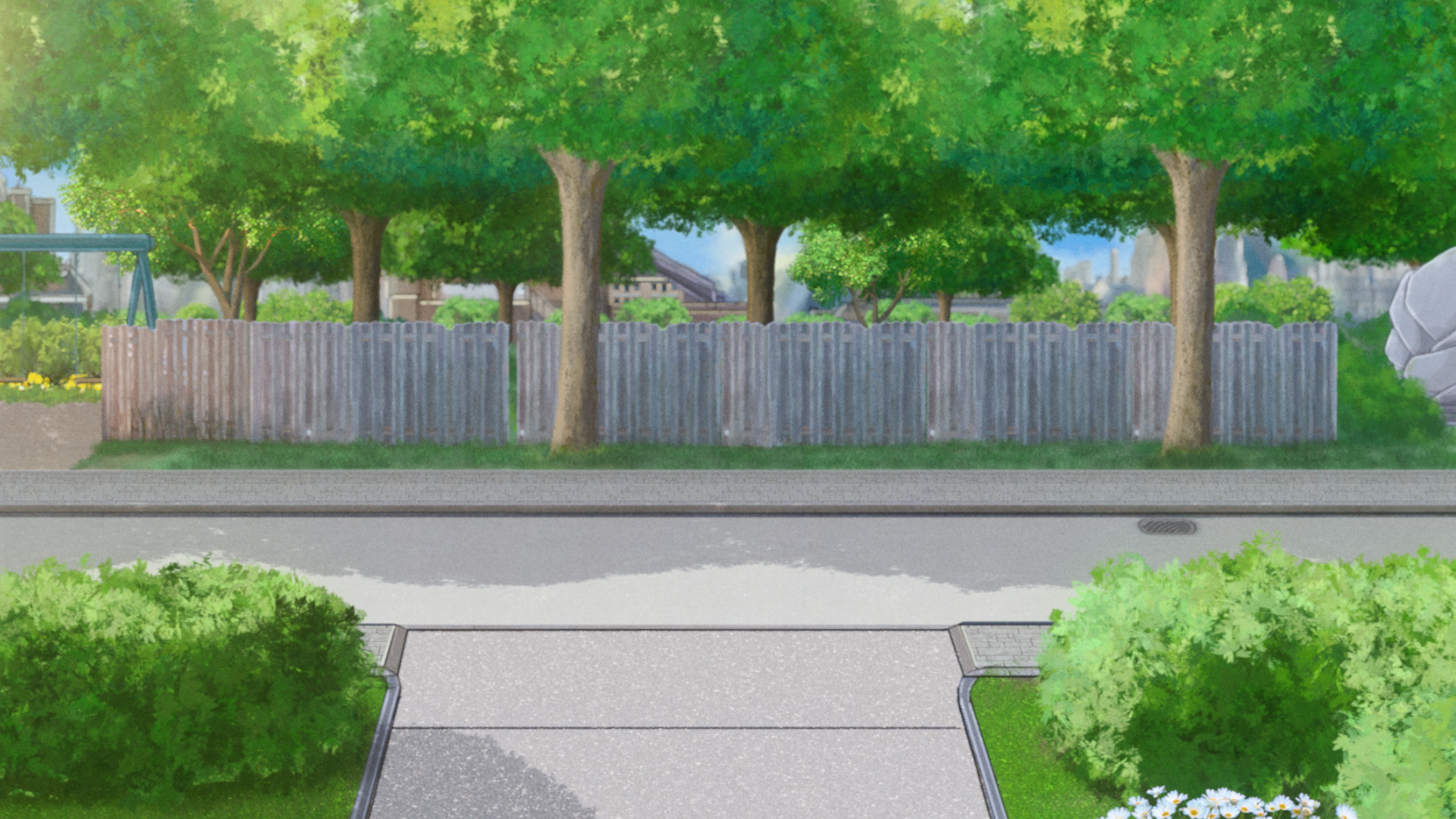 Anime 1920x1080 outdoors digital art nature anime grass plants trees road swings outskirts