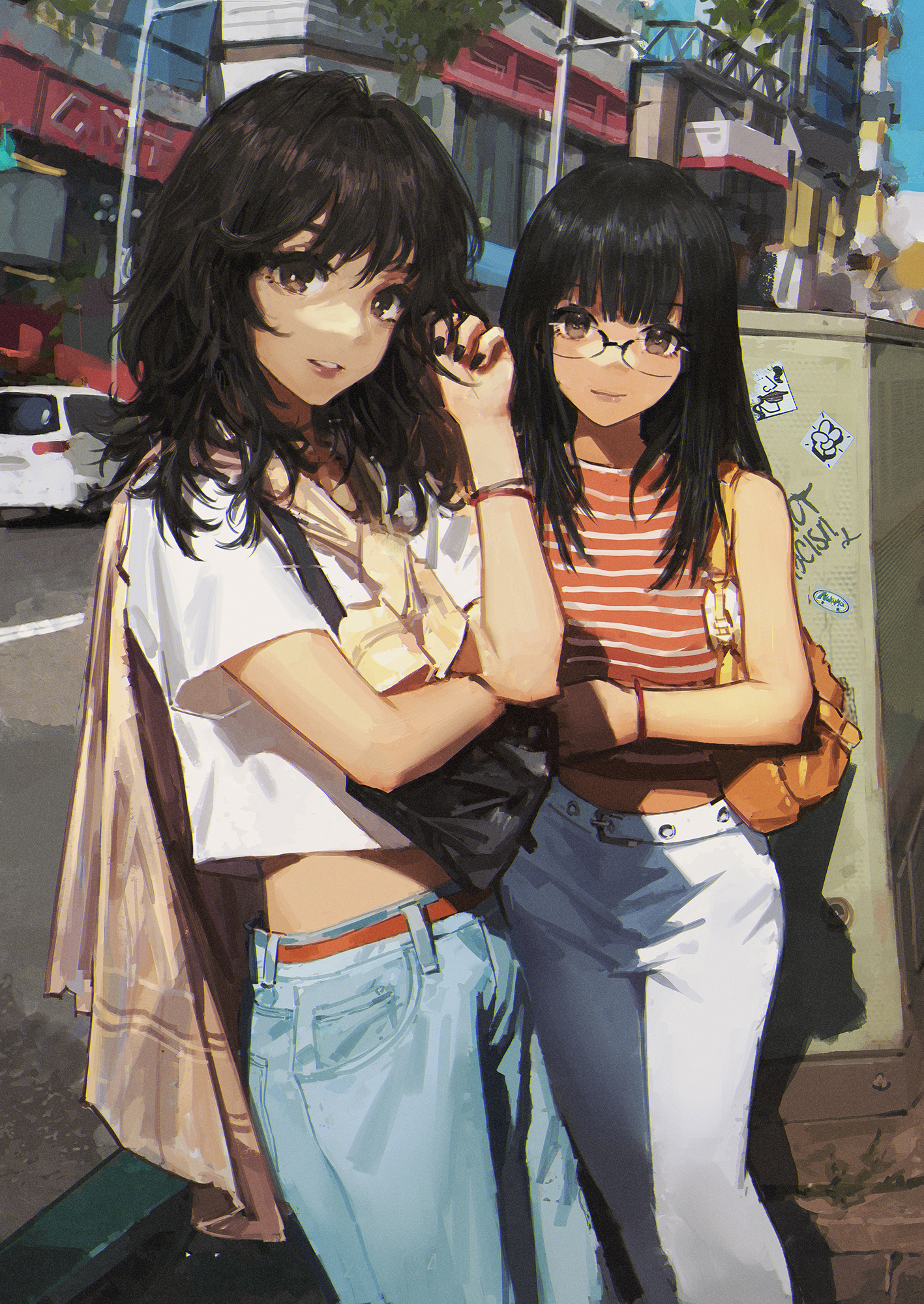 Anime 1417x2000 Wang Xi anime girls dark hair black hair smiling painting jeans looking at viewer portrait display standing long hair closed mouth parted lips sunlight short sleeves purse sleeveless shirt vehicle road bare midriff outdoors women outdoors car