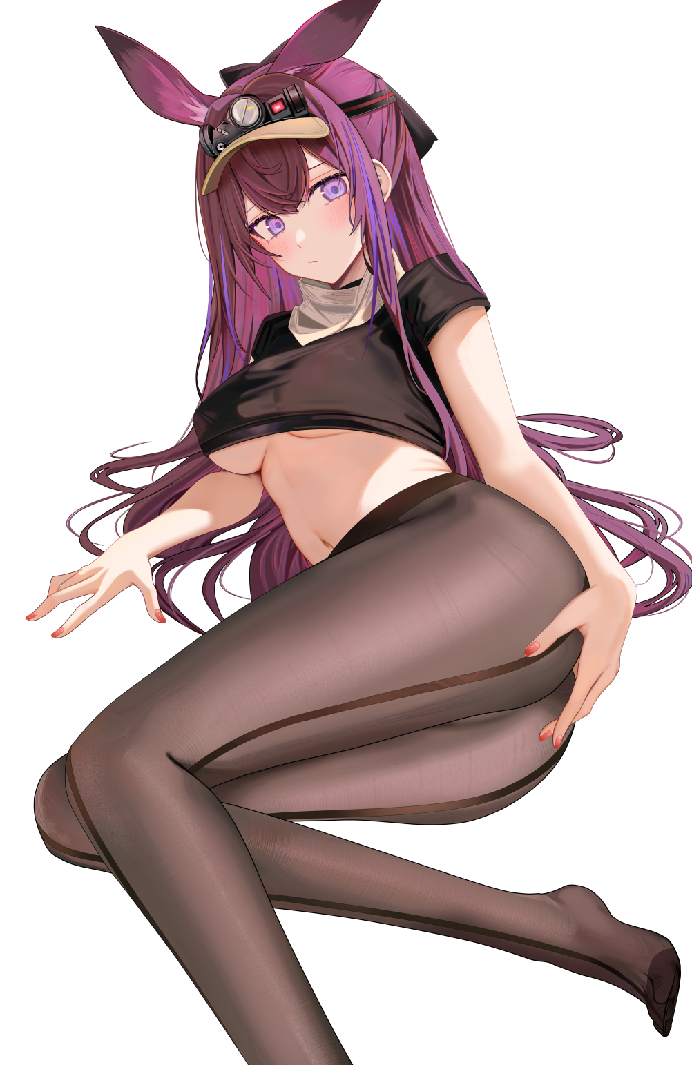 Anime 1002x1543 Ru Zhai anime girls looking at viewer ass Ray (Arknights) thighs white background boobs simple background feet short sleeves belly long hair hair between eyes closed mouth blushing purple hair purple eyes pantyhose underboob bent legs portrait display animal ears on the floor anime Arknights
