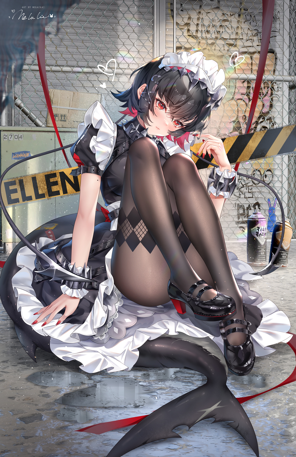 Anime 992x1534 Melailai anime girls dark hair red eyes portrait display sitting Zenless Zone Zero maid Ellen Joe looking at viewer two tone hair bent legs pantyhose red nails painted nails heels paint can signature heart hair between eyes closed mouth blushing moles mole under eye short sleeves fence short hair graffiti maid outfit ribbon frills wrist cuffs legs