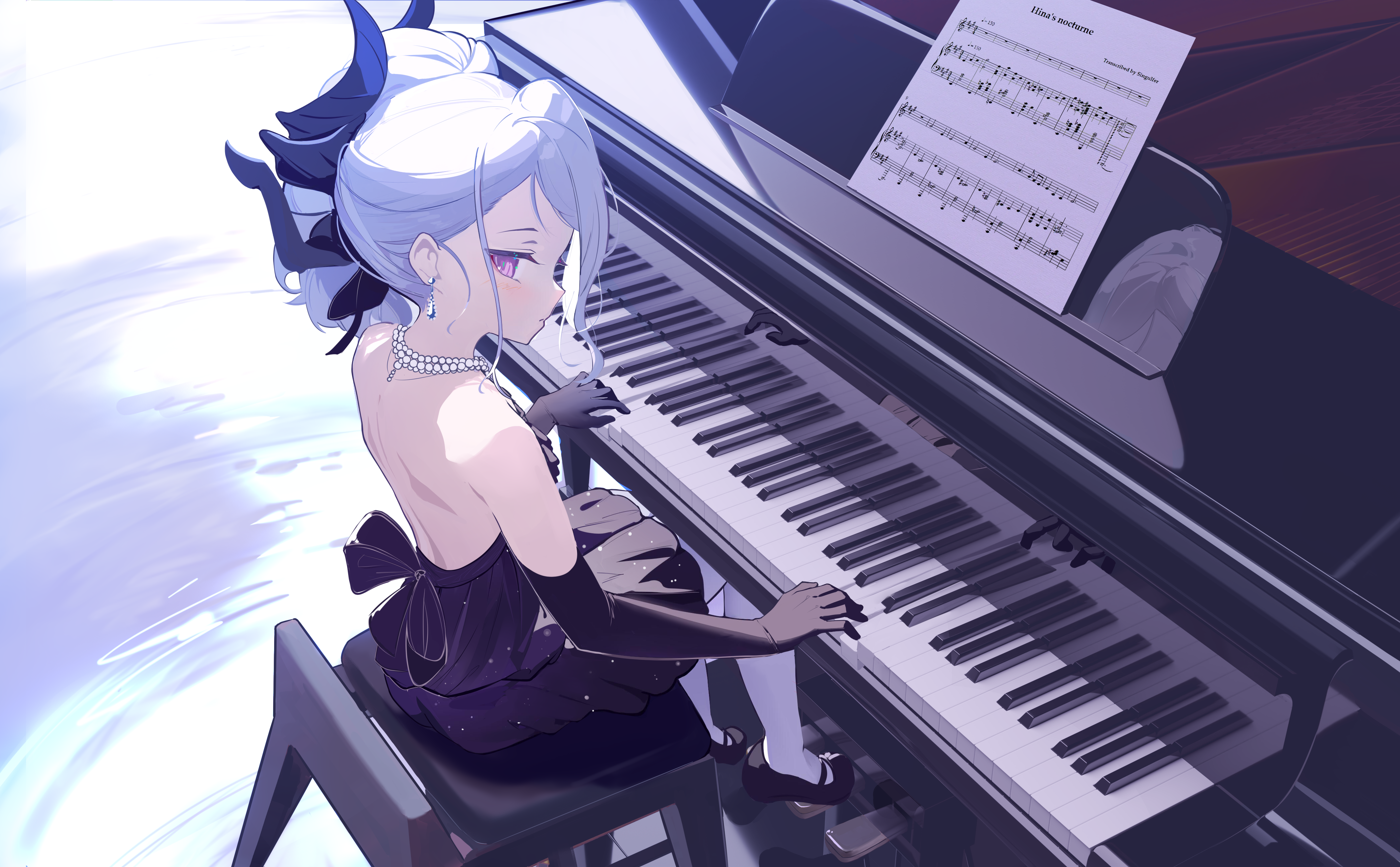 Anime 4198x2600 Sorasaki Hina (Blue Archive) Blue Archive white hair purple eyes demon horns piano dress anime girls anime games video game characters fan art musical instrument looking at viewer sitting elbow gloves gloves purple dress musical notes backless dress necklace pearl necklace earring gem earrings