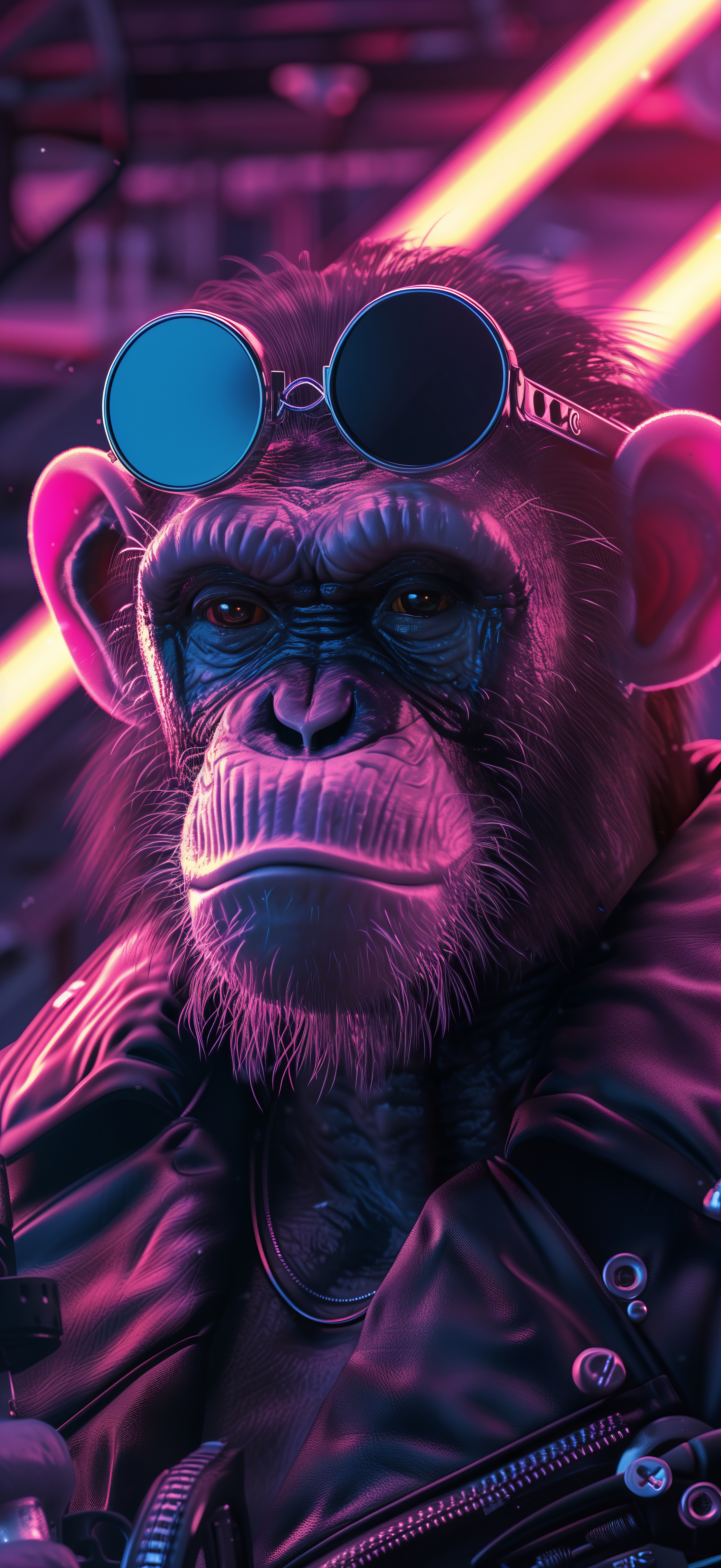 General 2944x6400 AI art portrait display neon cyberpunk retrowave Ape chimpanzees purple glasses