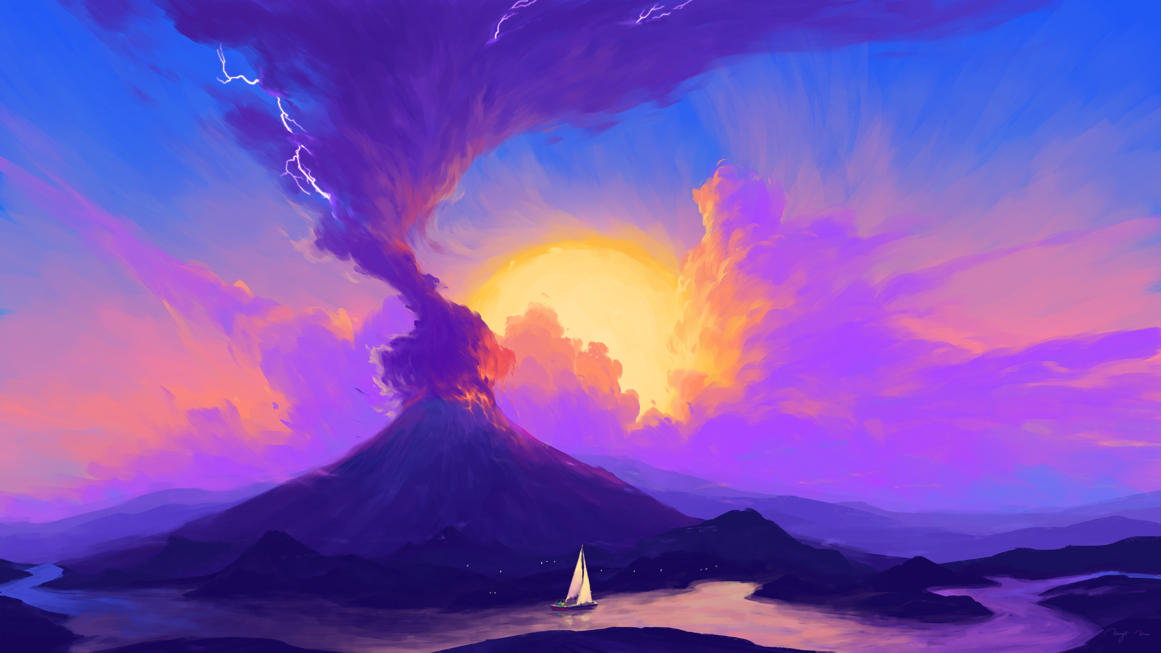General 3840x2160 BisBiswas digital art artwork illustration eruption volcano landscape clouds ship boat nature 4K river Sun sky signature