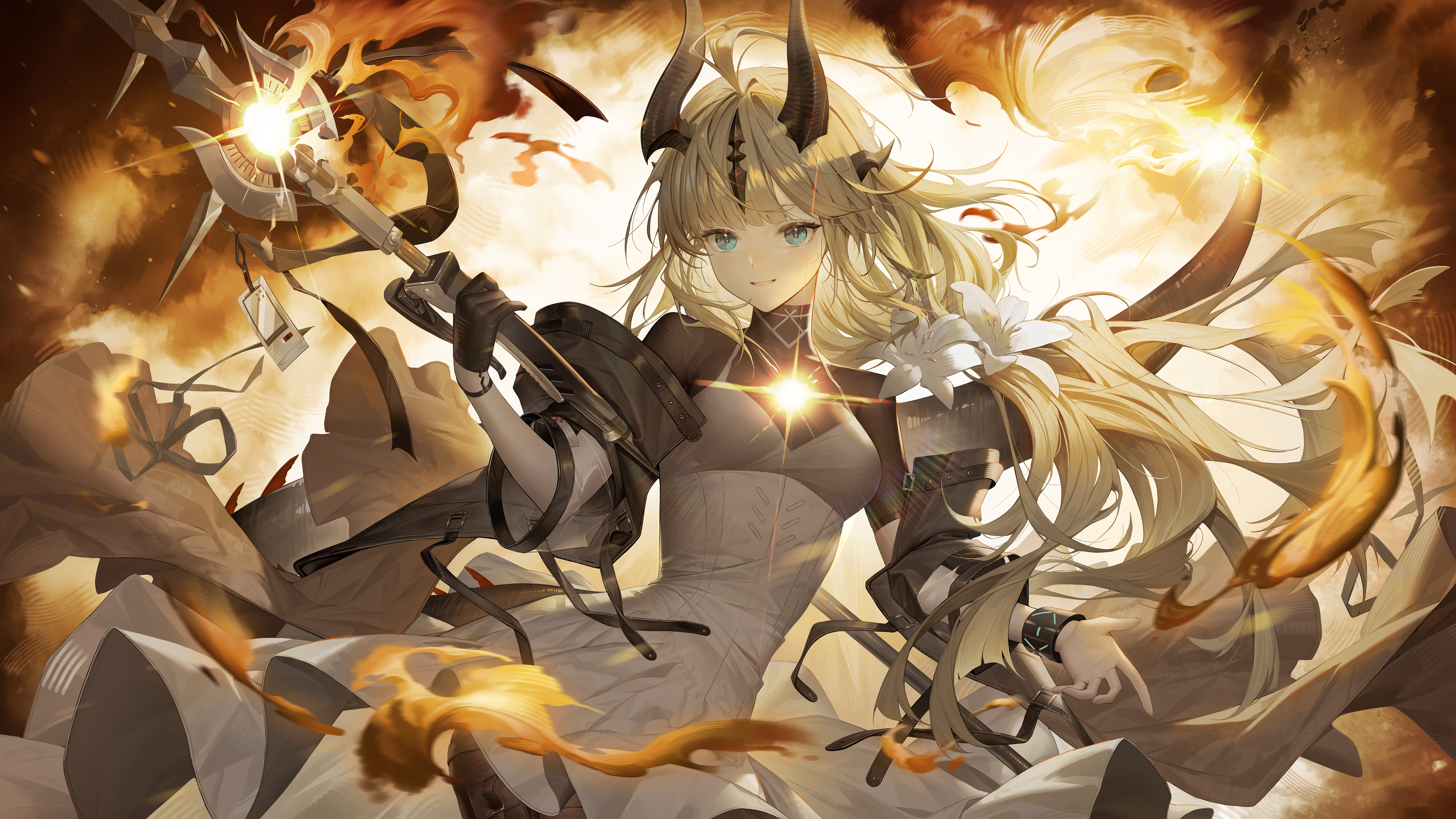 Anime 5333x3000 anime anime girls gloves dress flowers aqua eyes long hair Arknights Reed (Arknights) Reed The Flame Shadow (Arknights)